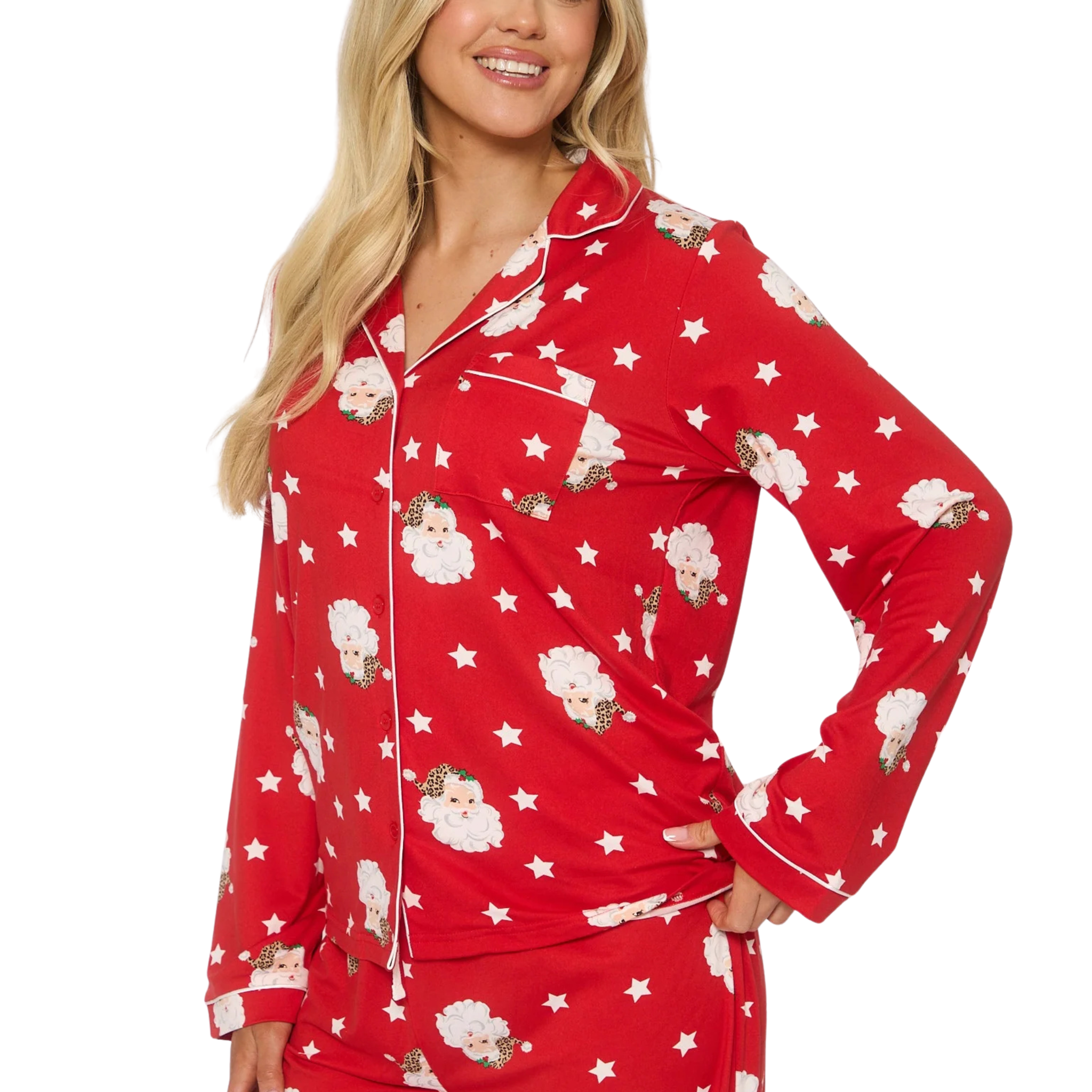 Womens Red Santa Button Shirt & Long Pant Pyjamas Set