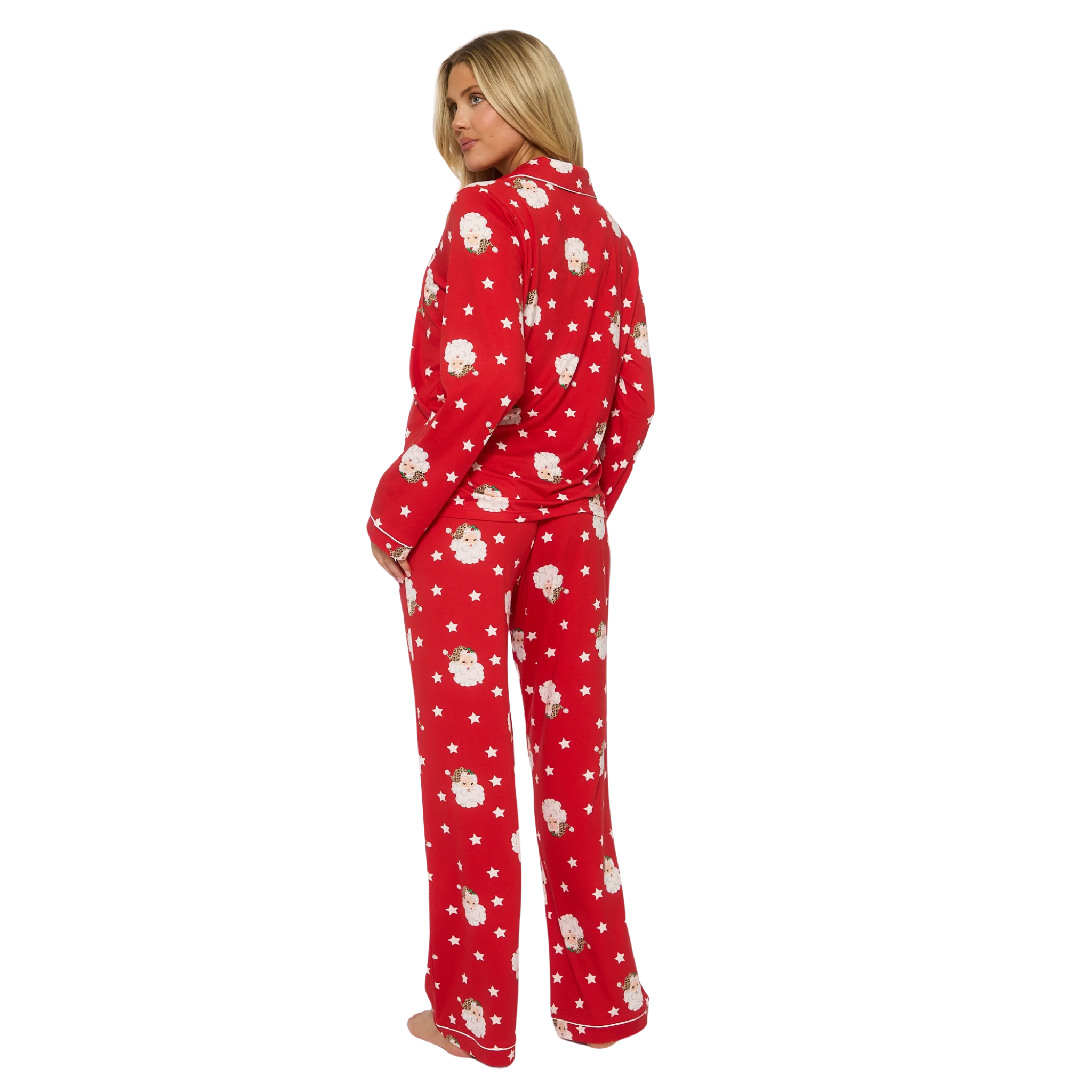 Womens Red Santa Button Shirt & Long Pant Pyjamas Set
