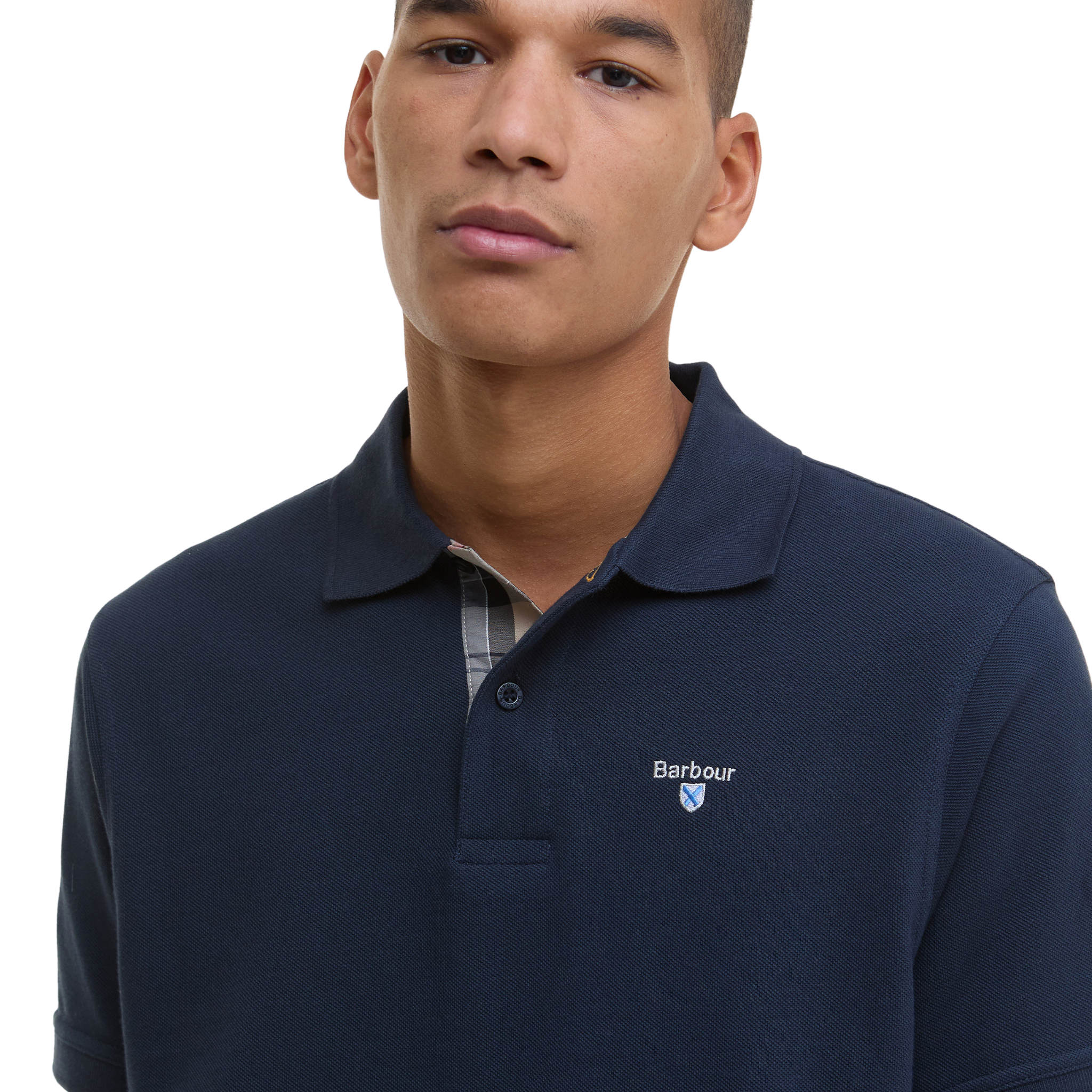 Mens Barbour New Navy Tartan Pique S/s Polo Shirt