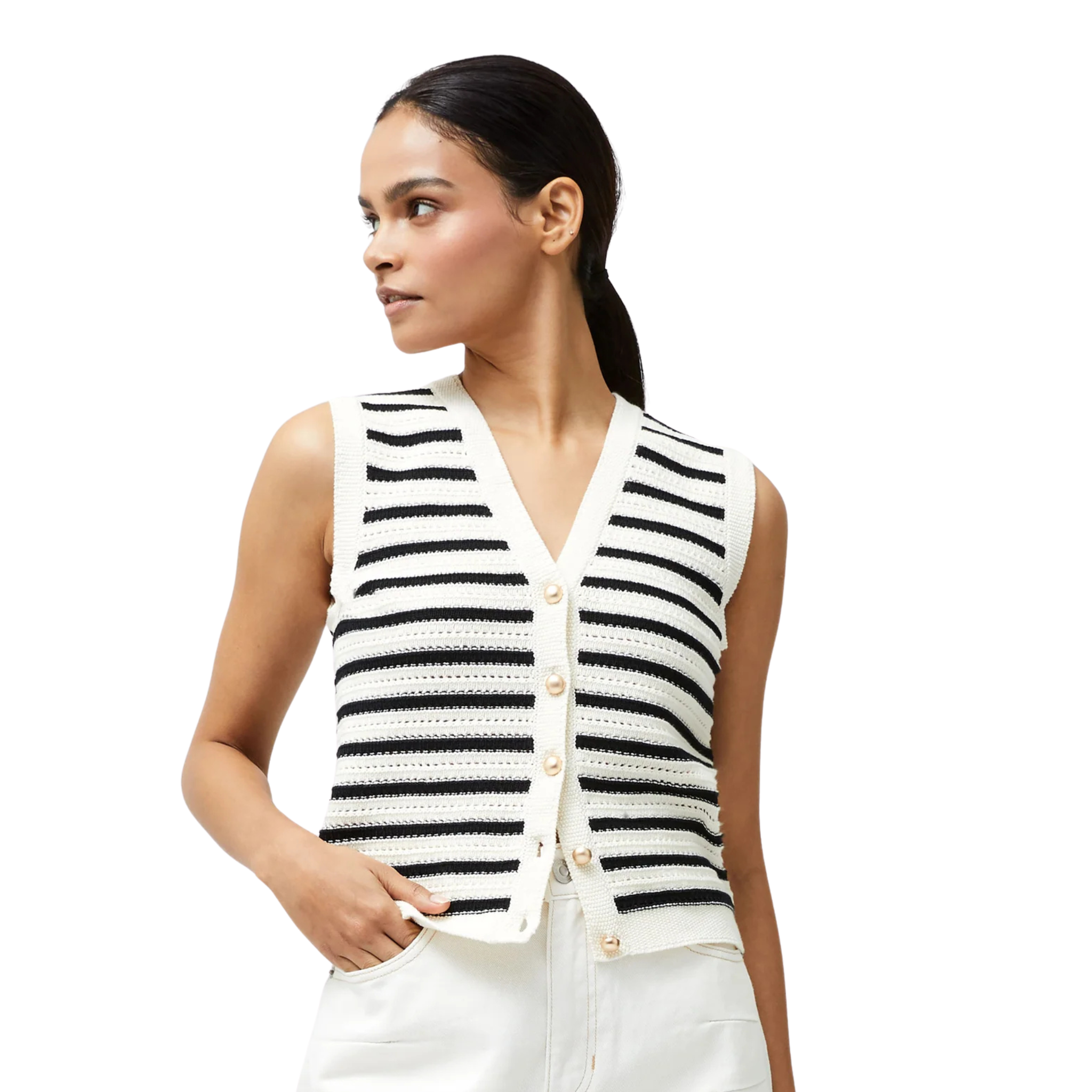 Womens French Connection Summer White/Navy Lumi Mozart Knit Waistcoat