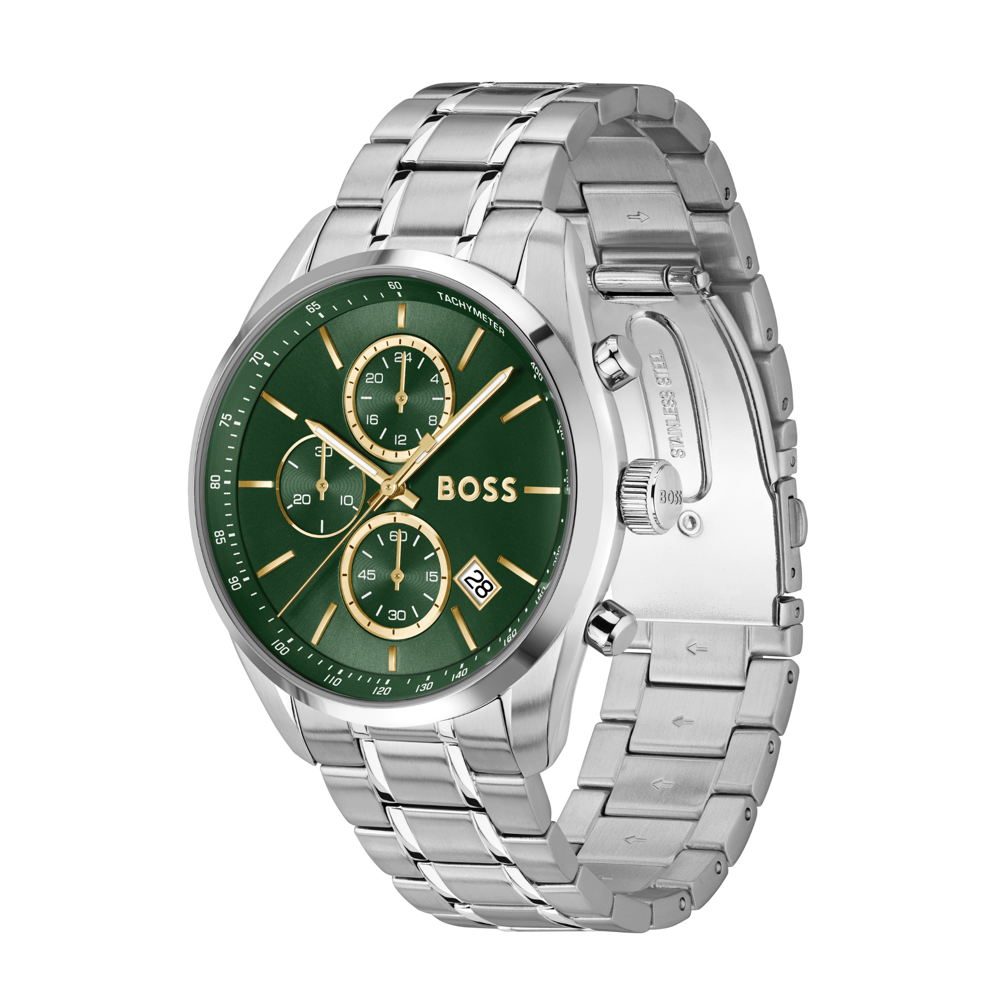 Mens BOSS Stainless Steel/Green Dial Grand Prix 44 Bracelet Watch