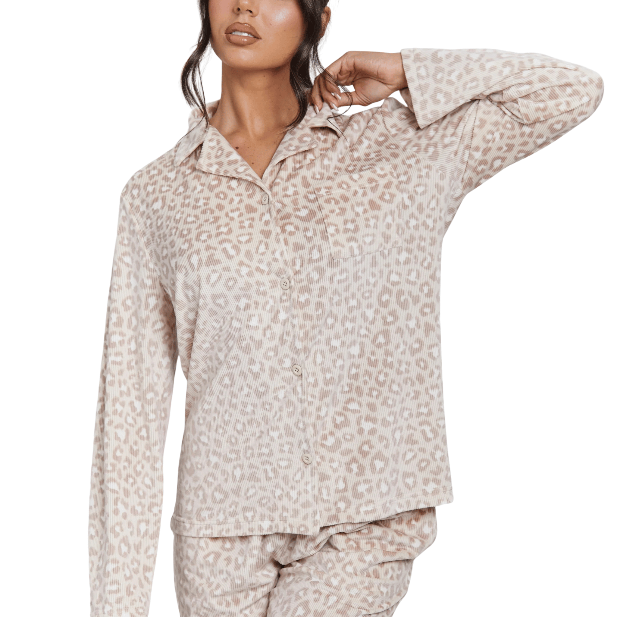 Womens Leopard Ribbed L/s Buttoned Pyjamas