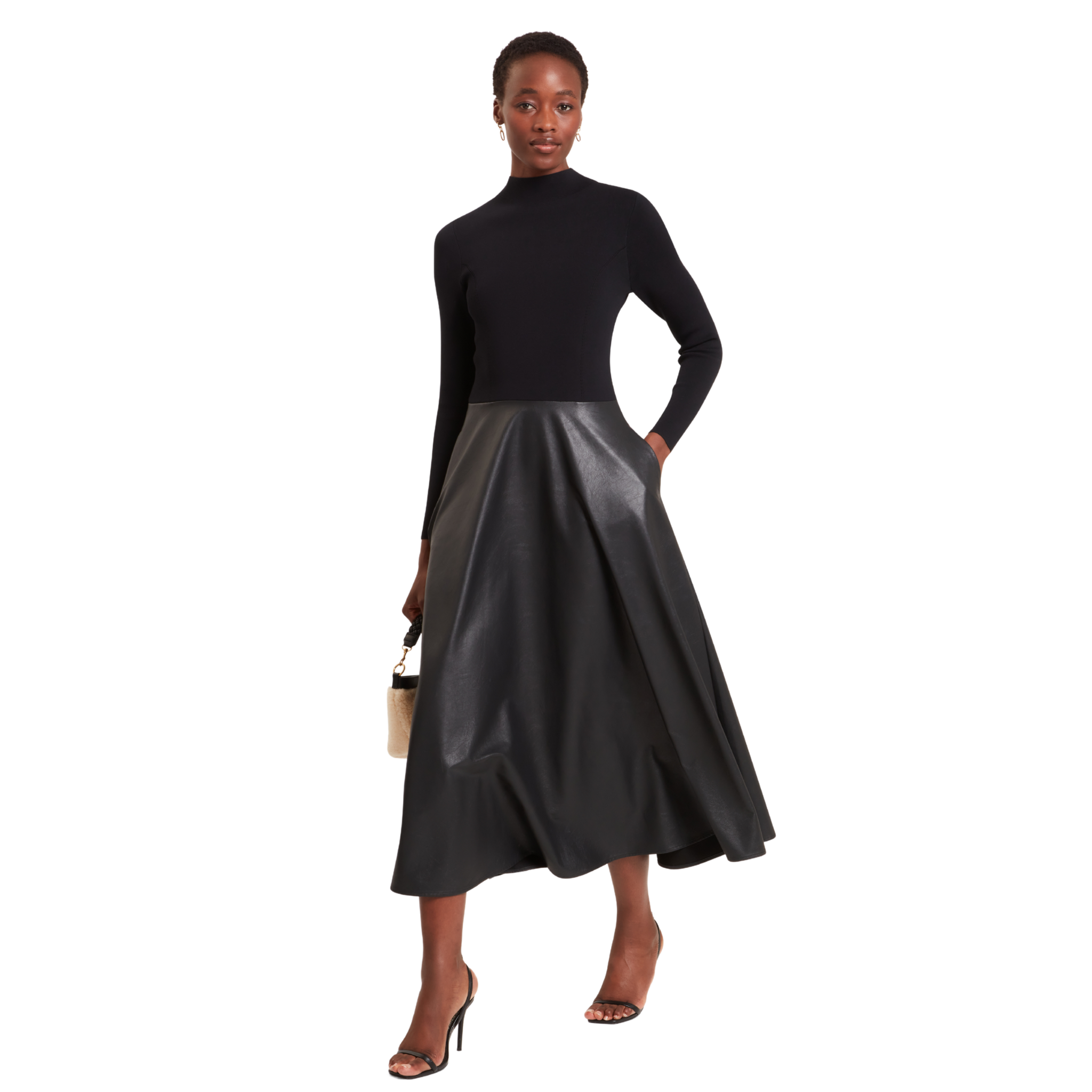 Womens Ted Baker Black Noviva Midi Dress with Faux Leather Skirt