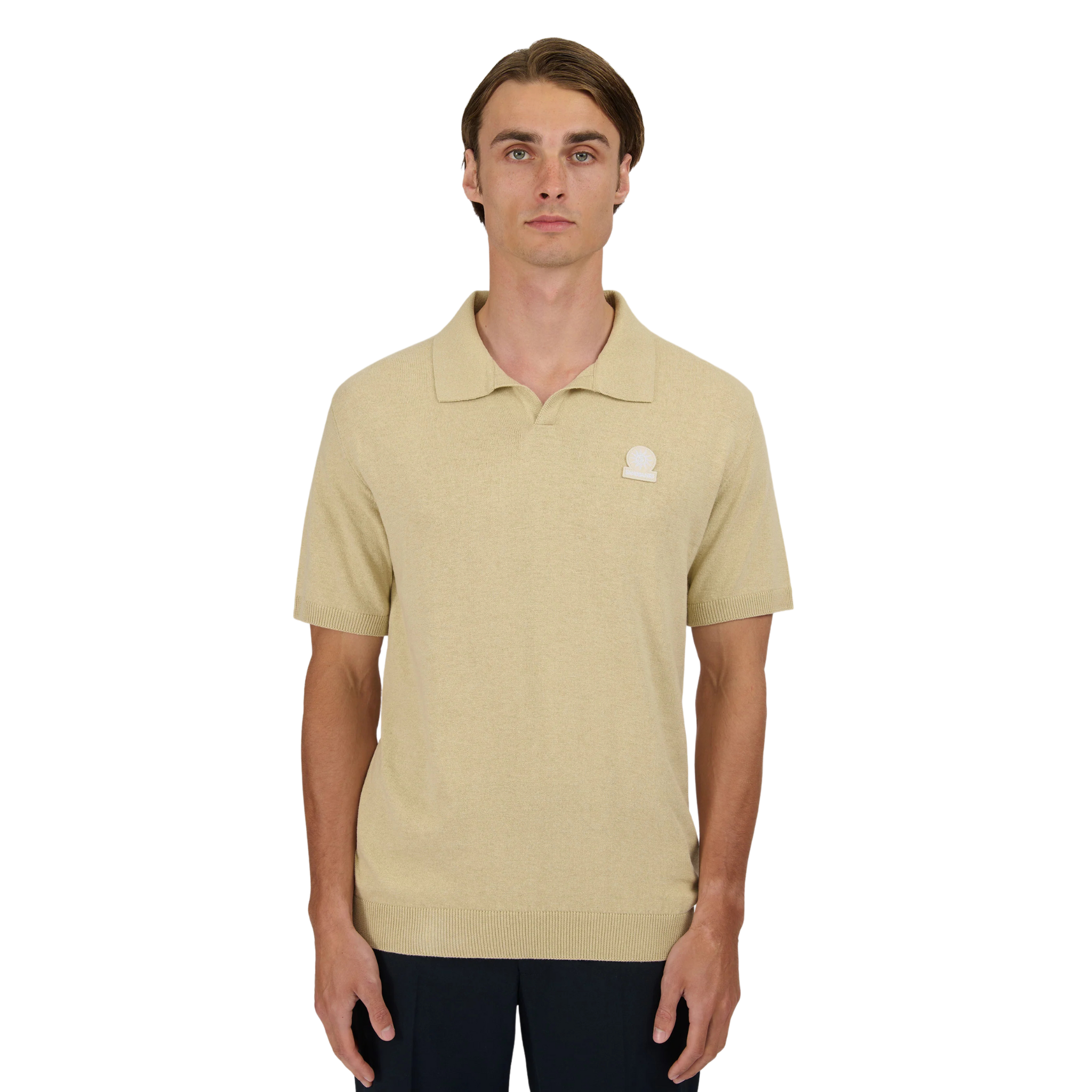 Mens Sandbanks Stone Knitted Revere Open Collar S/s Polo
