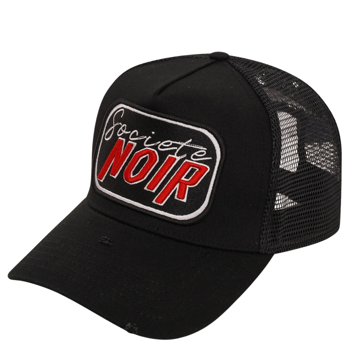 Mens Societe Noir Black/Grey Script Distressed Trucker Cap