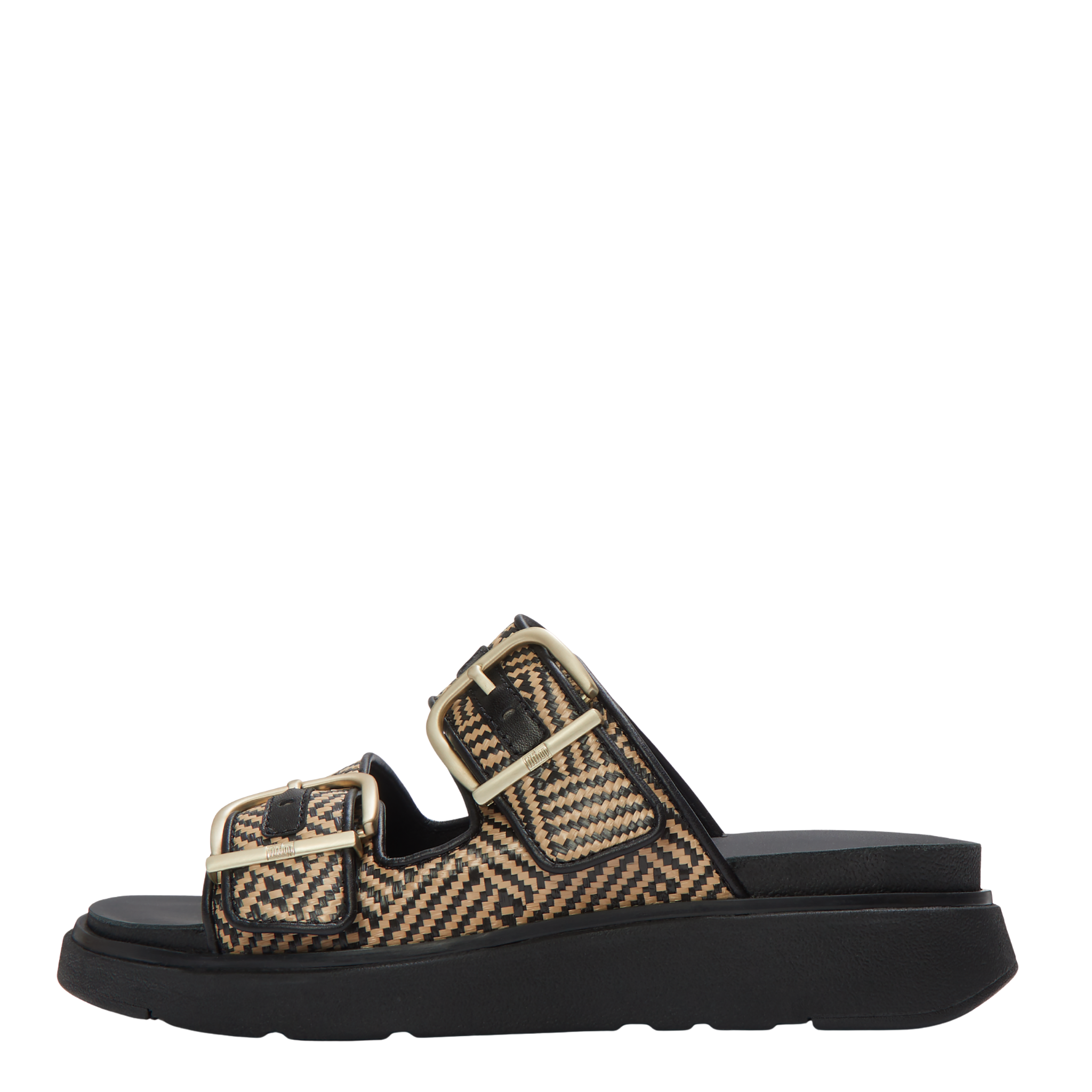Womens FitFlop Black Graphic-Weave Gen-FF Buckle Slide Sandals