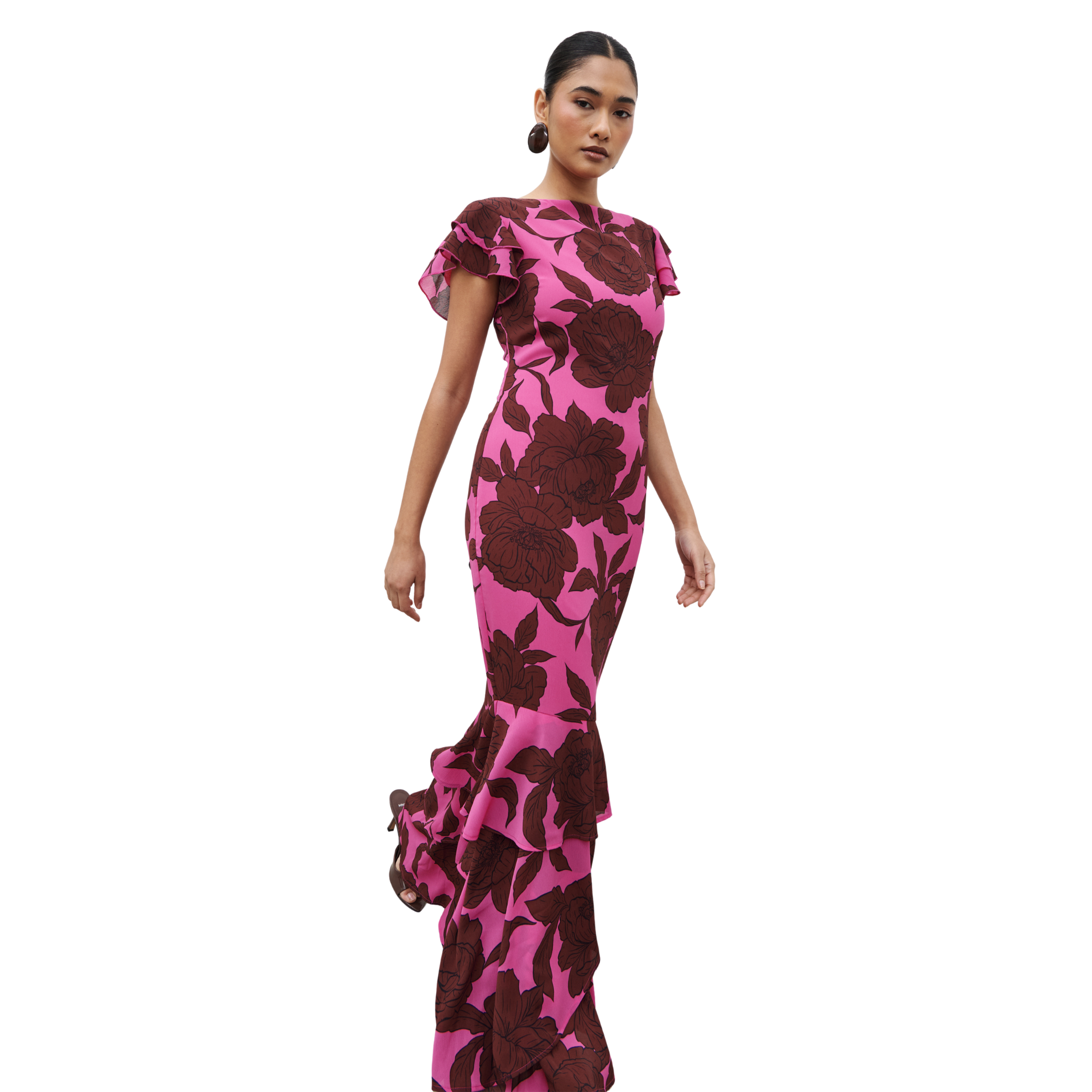Womens Pretty Lavish Brown/Fuchsia Floral Ester Ruffle Maxi Dress