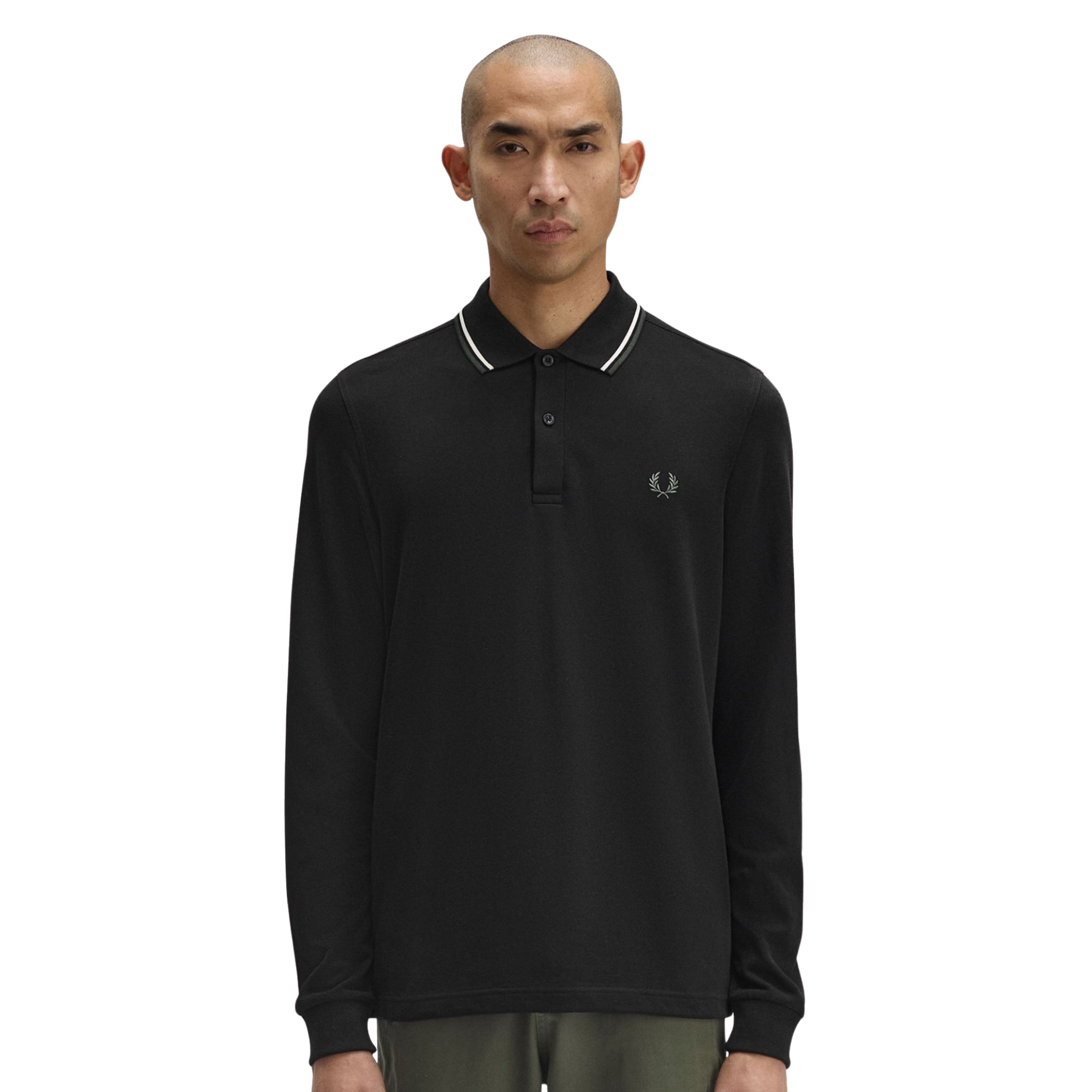 Mens Fred Perry Black/Ecru/Laurel Green Twin Tipped L/s Polo