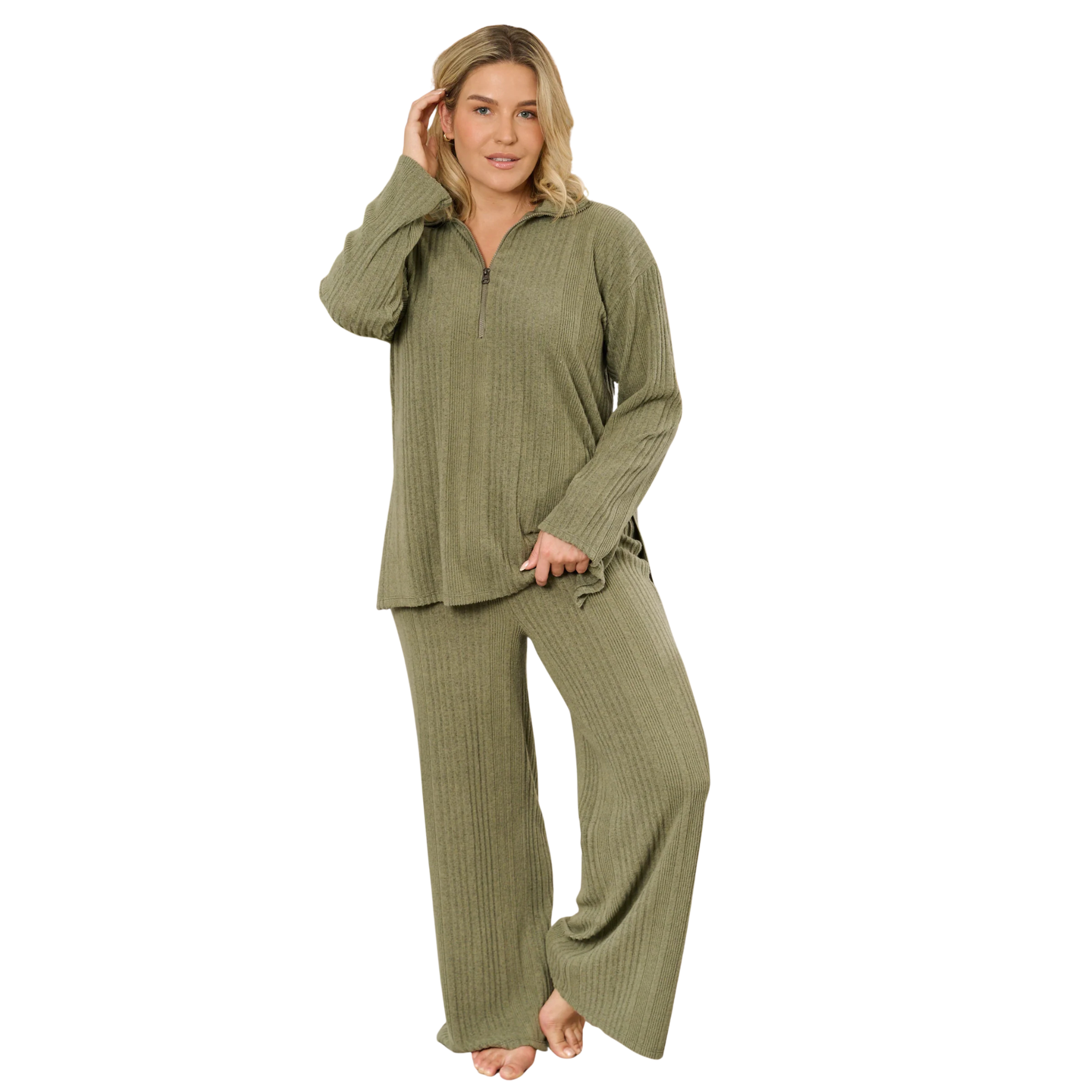 Womens Green Irregular Brushed Rib 1/4 Zip Top