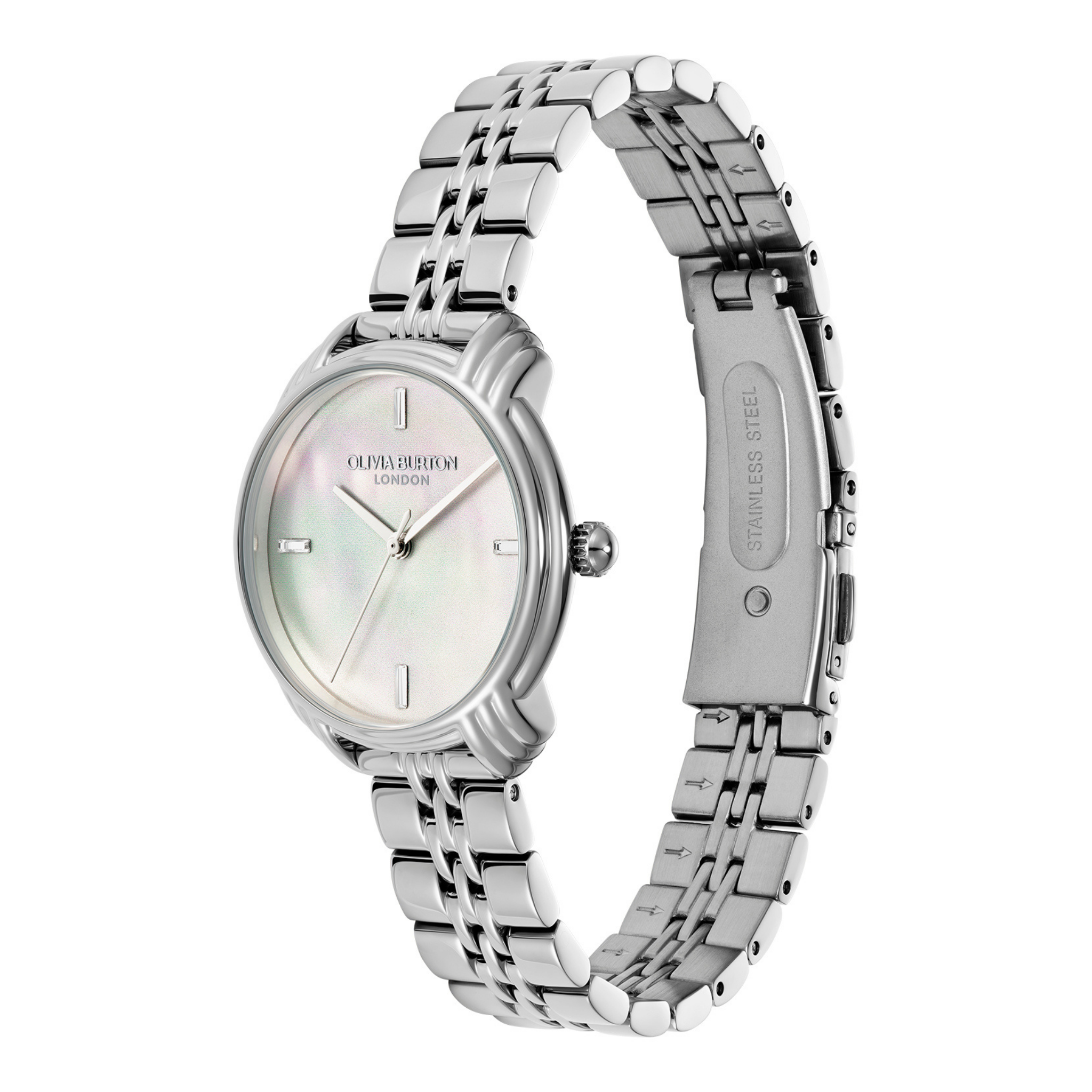 Womens Olivia Burton Silver/Ivory MOP Art Deco 2.0 Link Watch