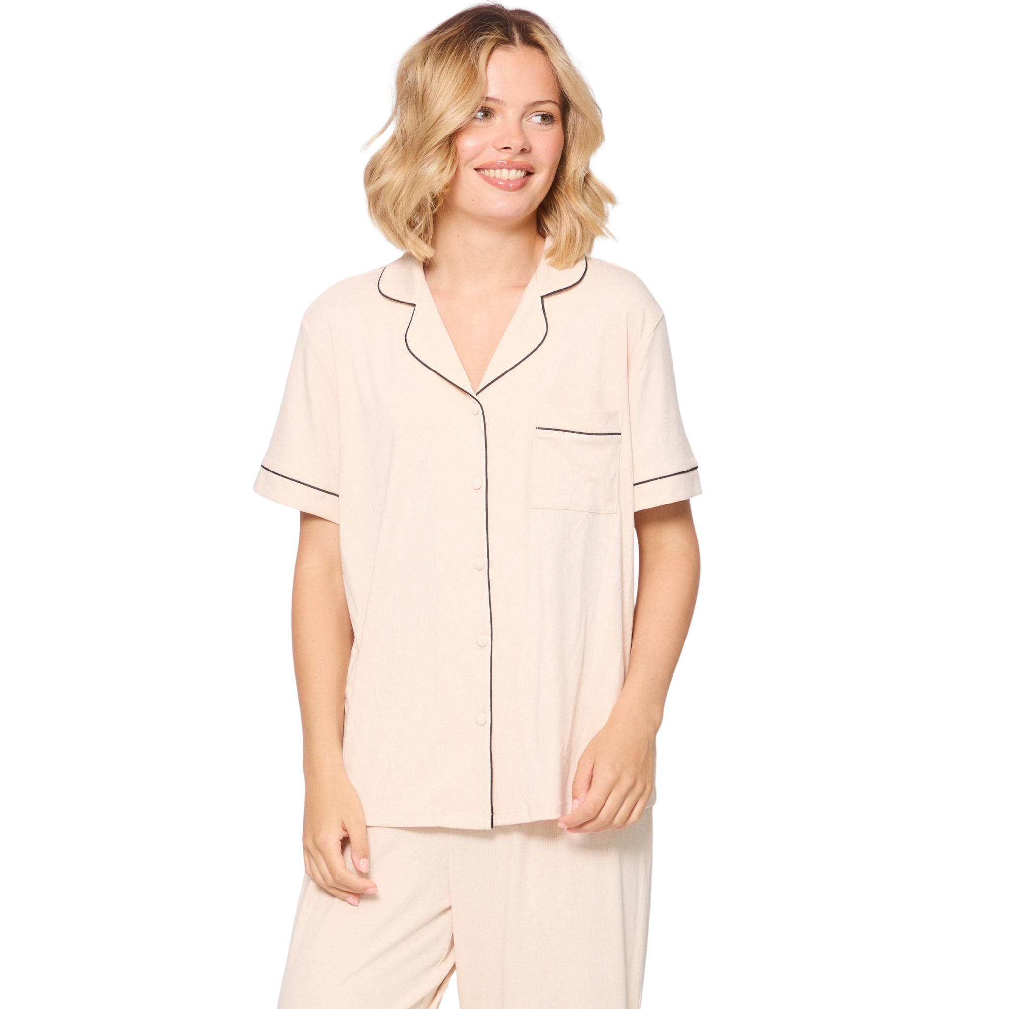 Womens Vanilla Rib S/s Pyjama Trouser Set