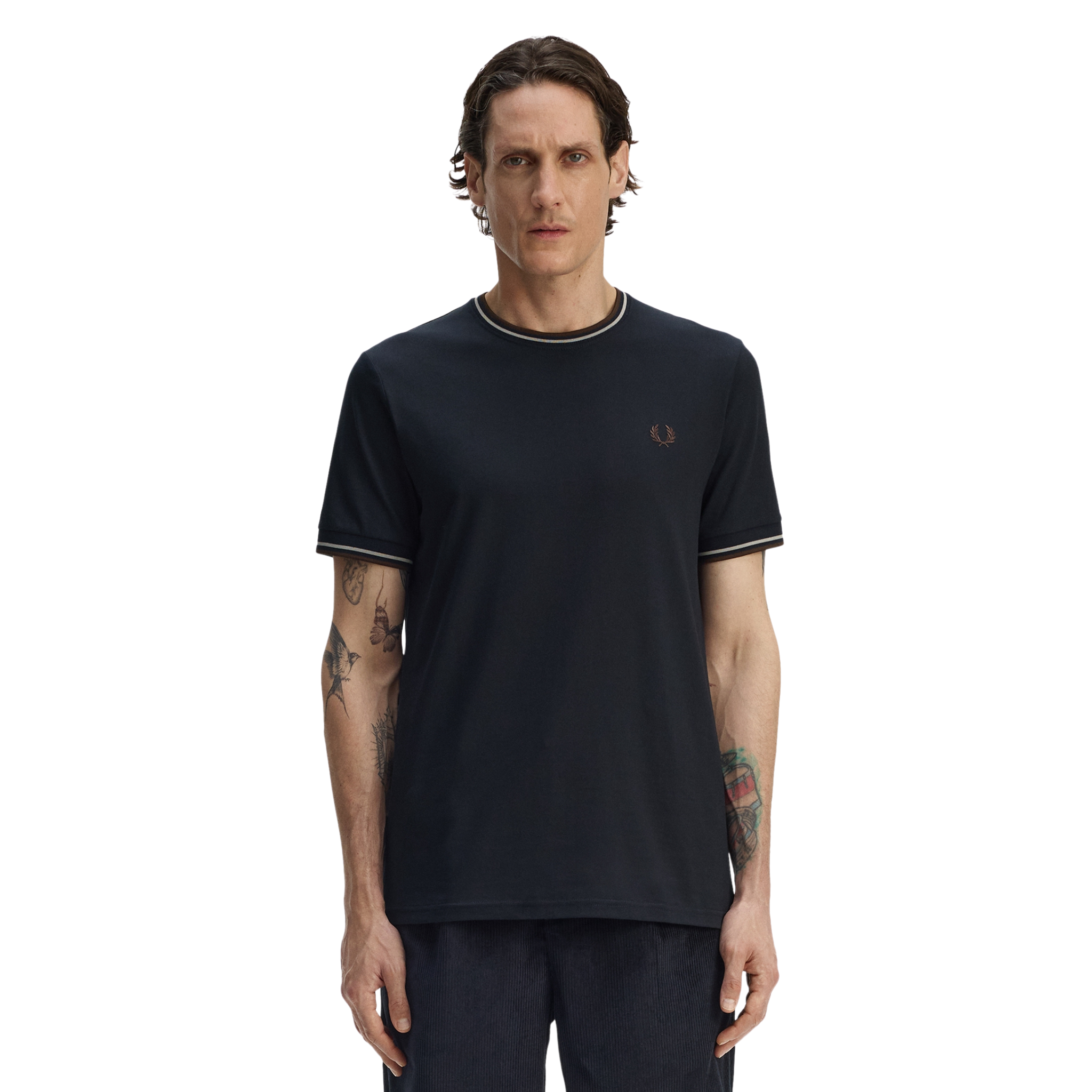 Mens Fred Perry Navy/Warm Oat/Tobacco Twin Tipped S/s T Shirt