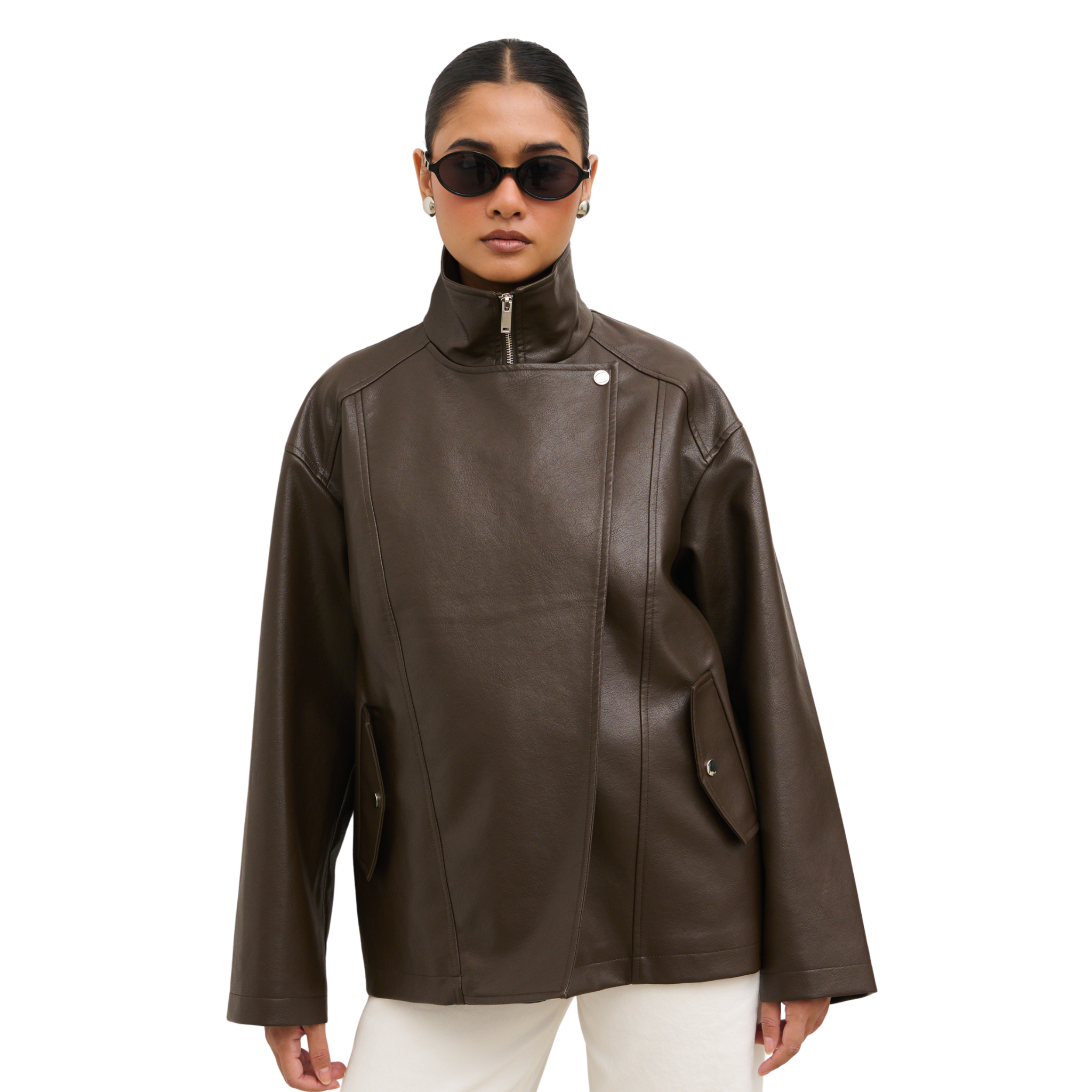 Womens Pretty Lavish Chocolate Lyla Faux Leather Bomber Jacket