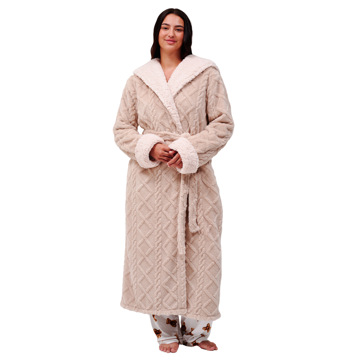 Womens Taupe Cable Knit Fleece Maxi Hooded Dressing Gown