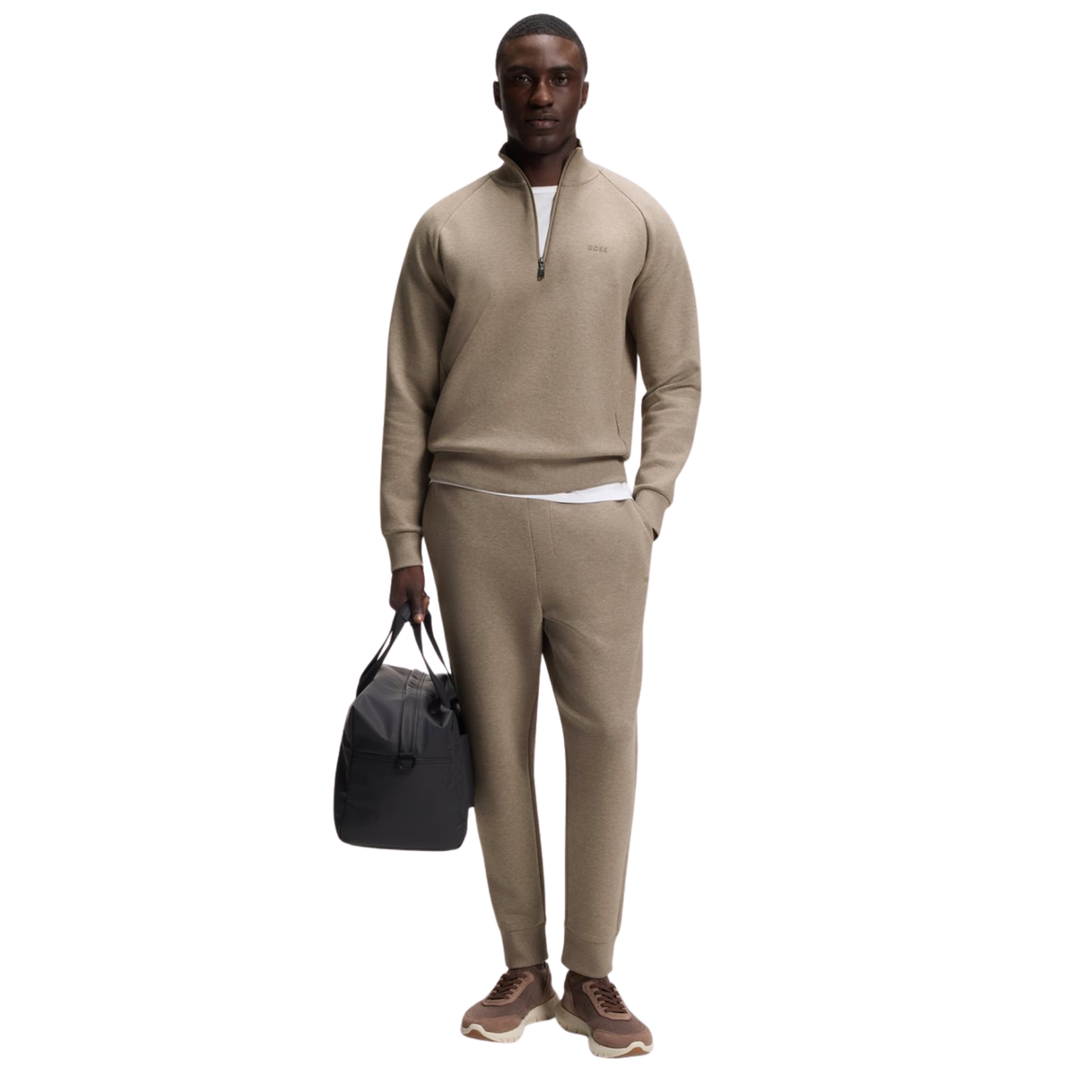 Mens BOSS Pastel Brown Half Zip Sweatshirt