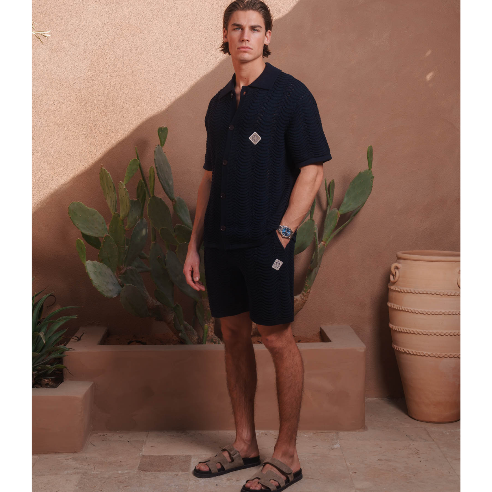 Mens Belier Navy Ocean Crochet S/s Shirt