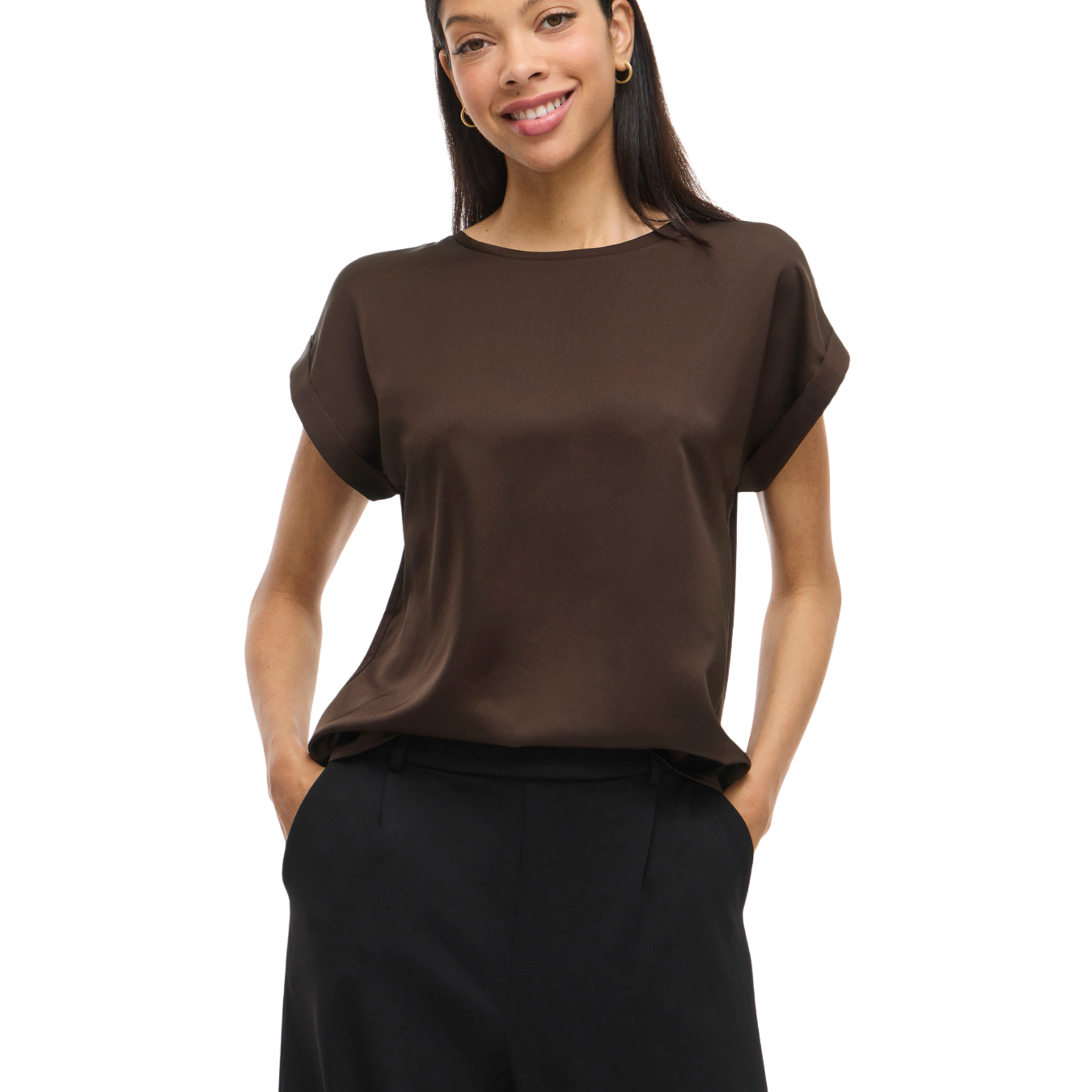 Womens Vila Coffee Bean Viellette Satin S/s Top