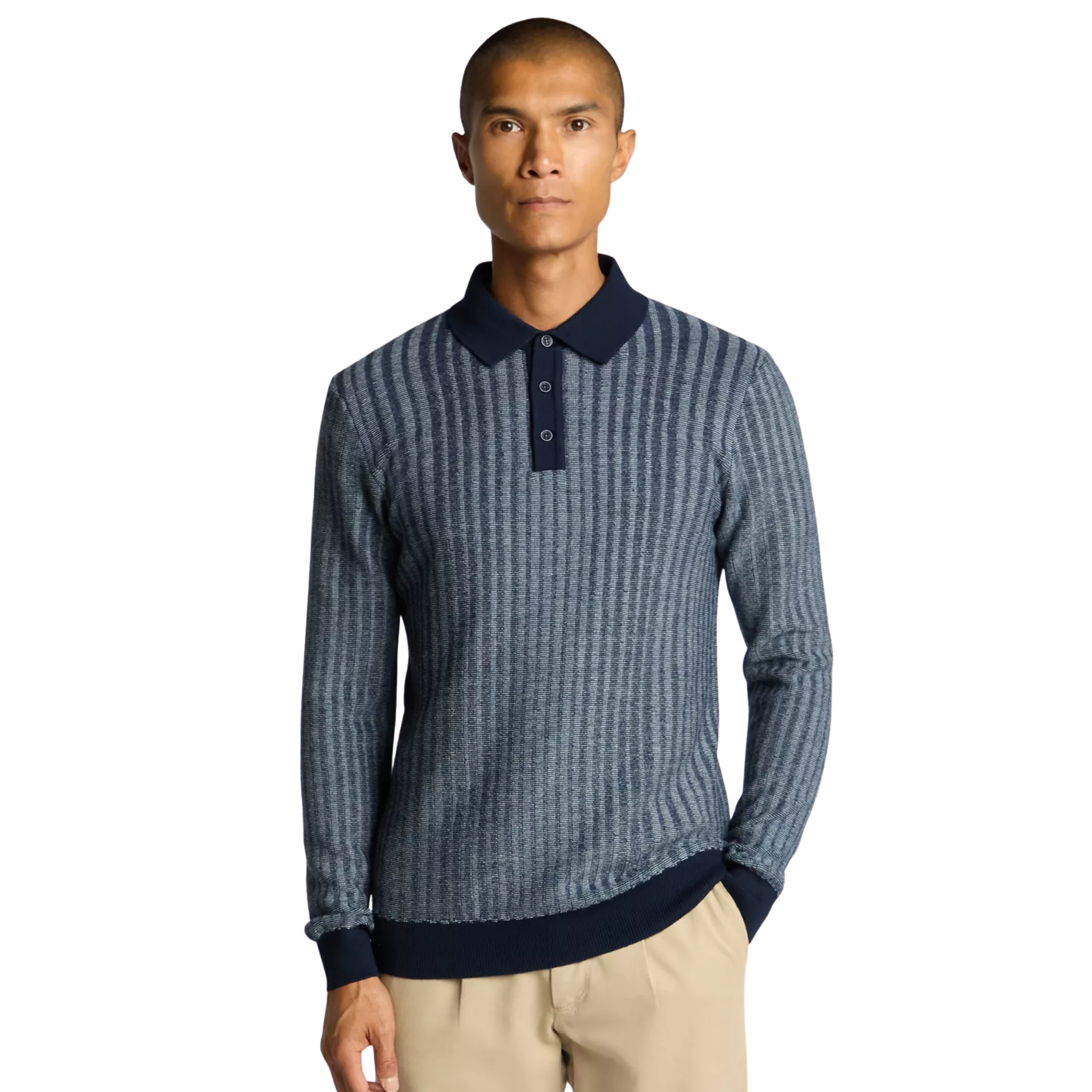 Mens Remus Uomo Slate Blue Jacquard Stripe Knitted L/s Polo