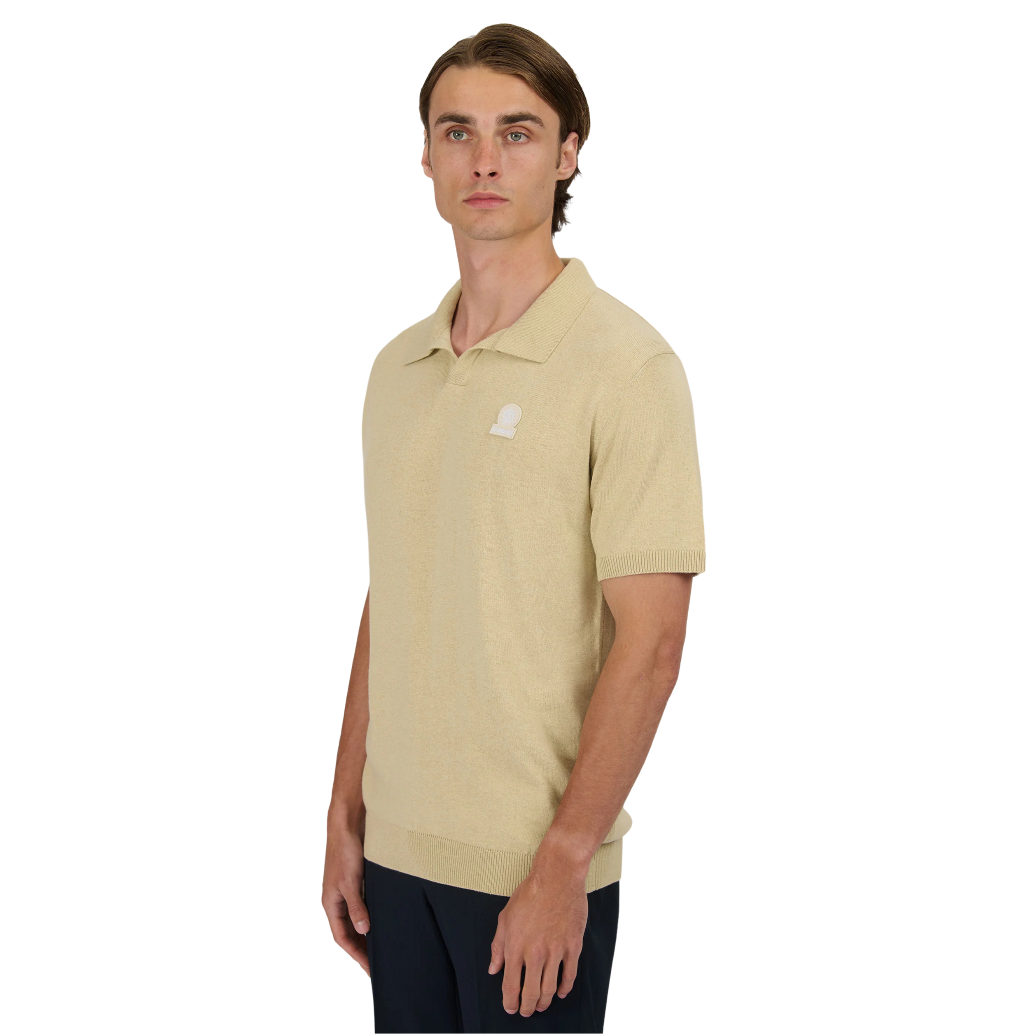 Mens Sandbanks Stone Knitted Revere Open Collar S/s Polo