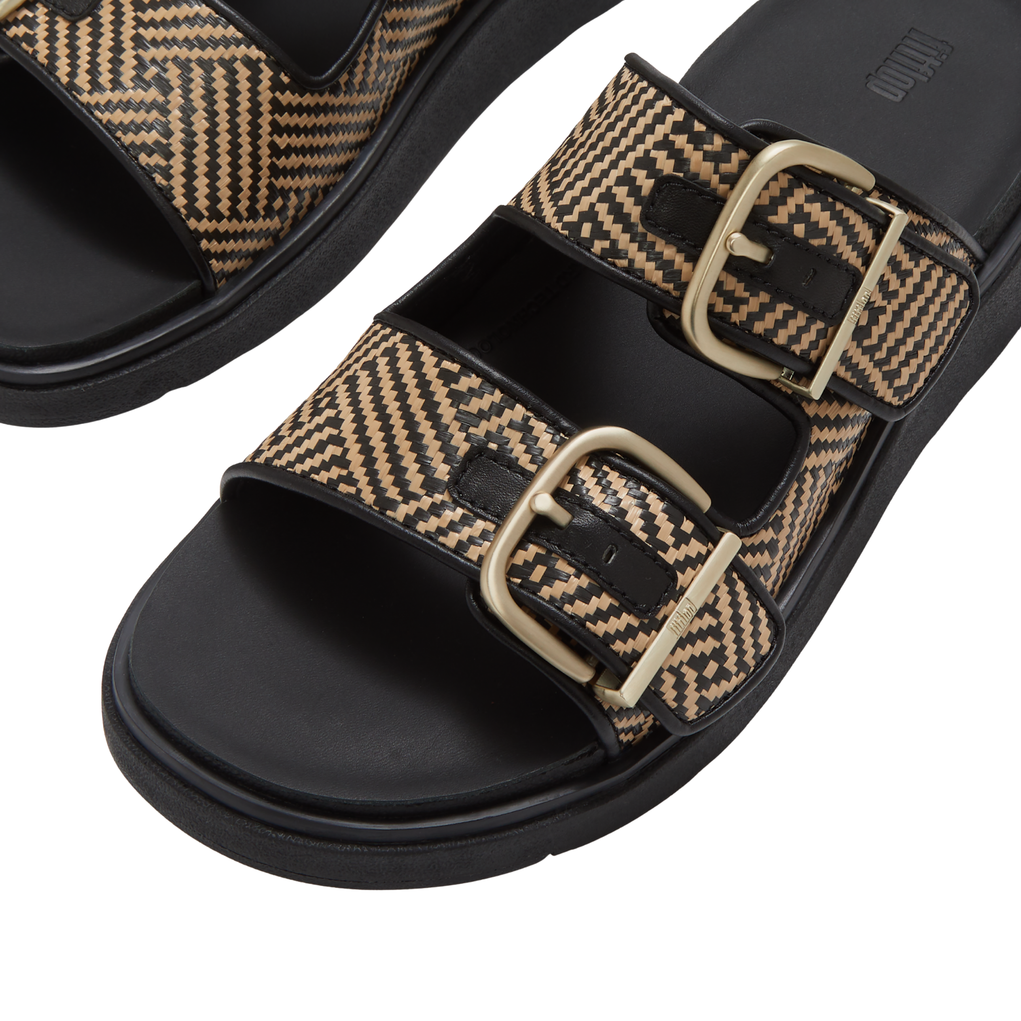 Womens FitFlop Black Graphic-Weave Gen-FF Buckle Slide Sandals