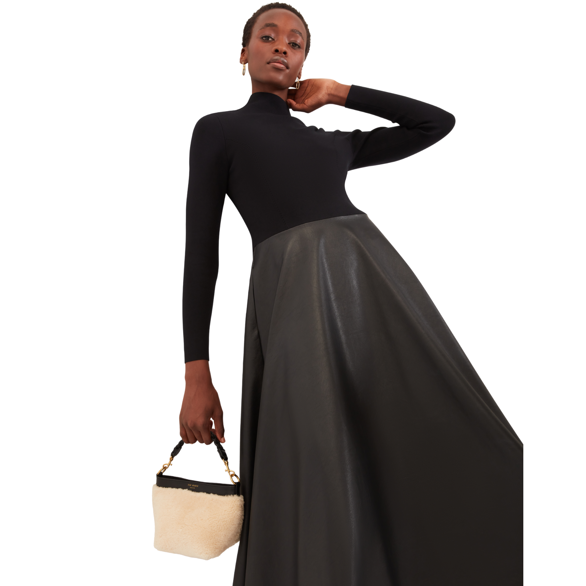 Womens Ted Baker Black Noviva Midi Dress with Faux Leather Skirt