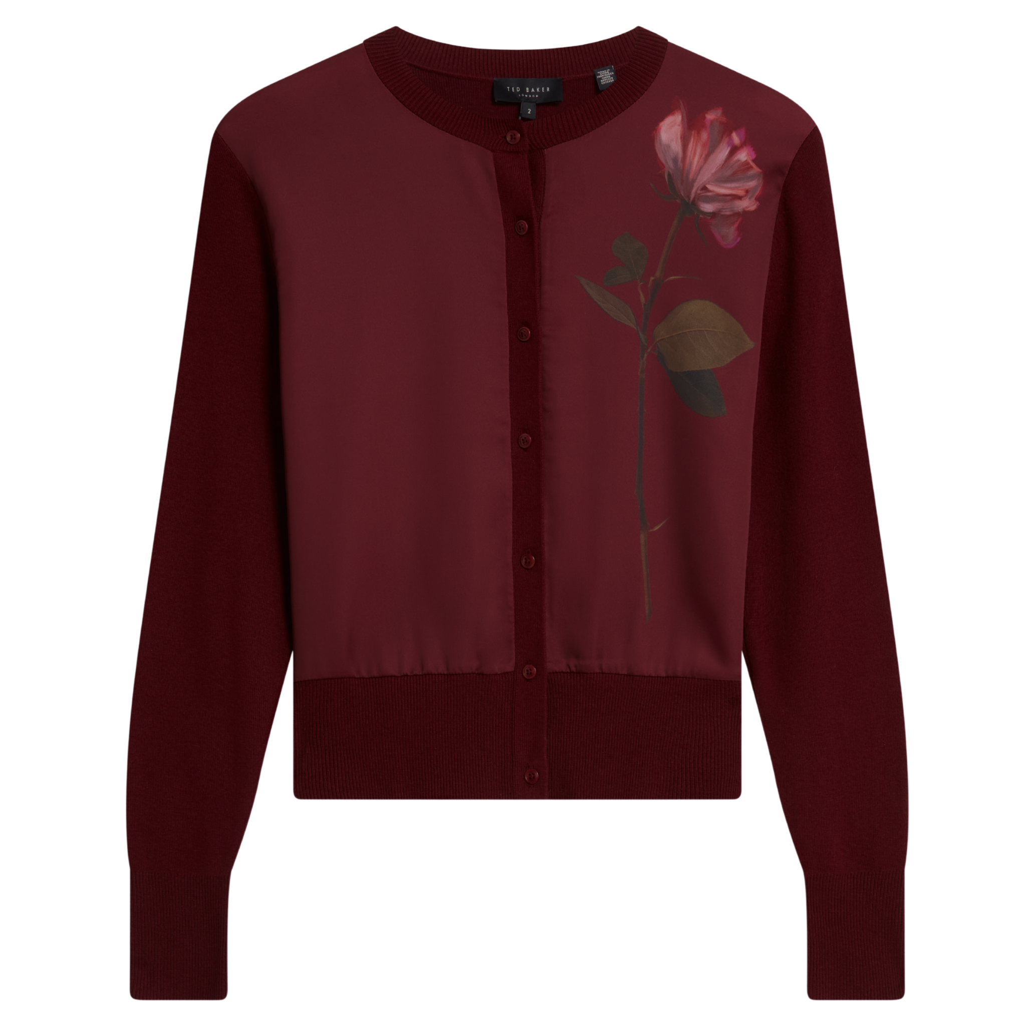 Womens Ted Baker Maroon Nolya Floral Printed Woven Front Cardigan