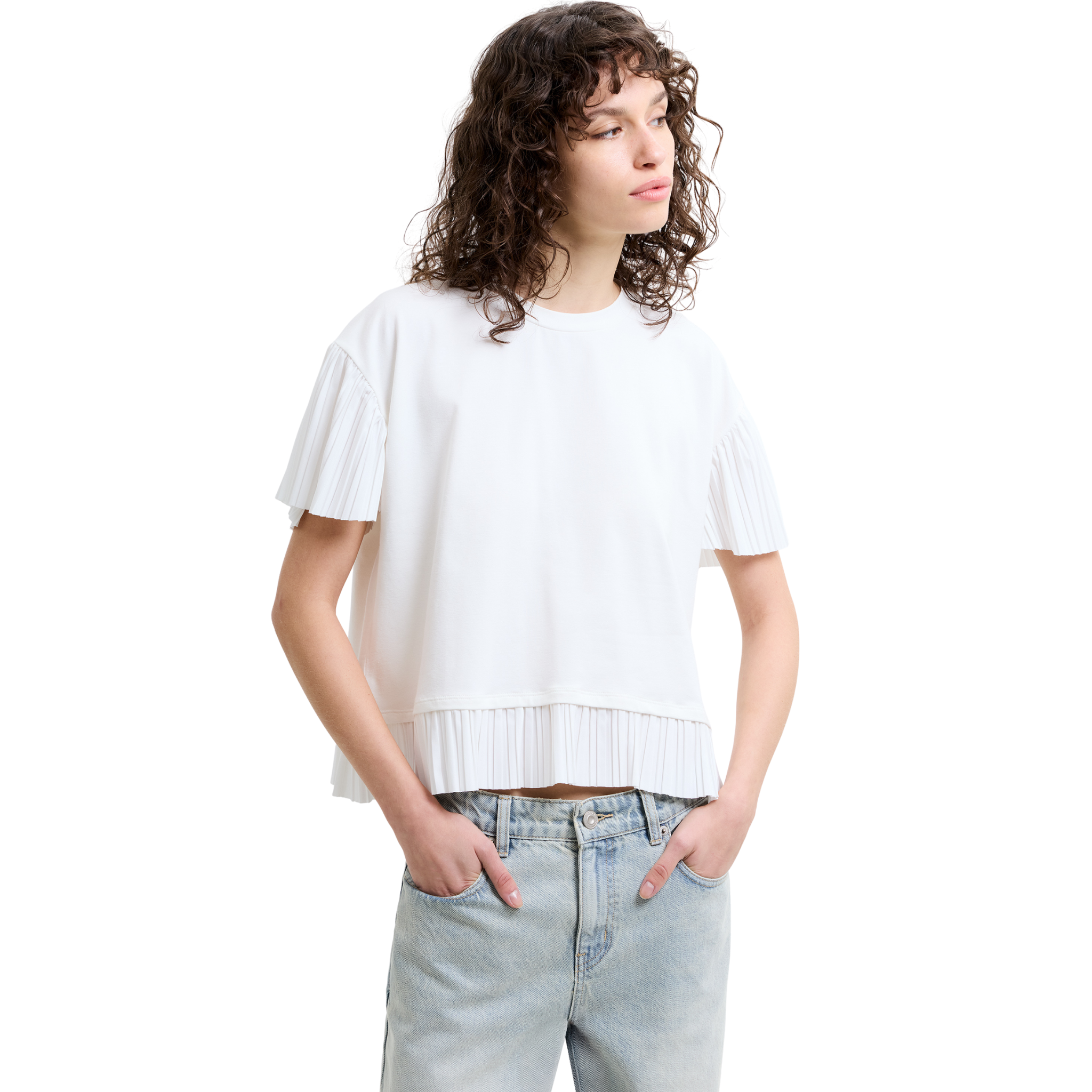 Womens French Connection Linen White Rallie Plisse Trim S/s T Shirt