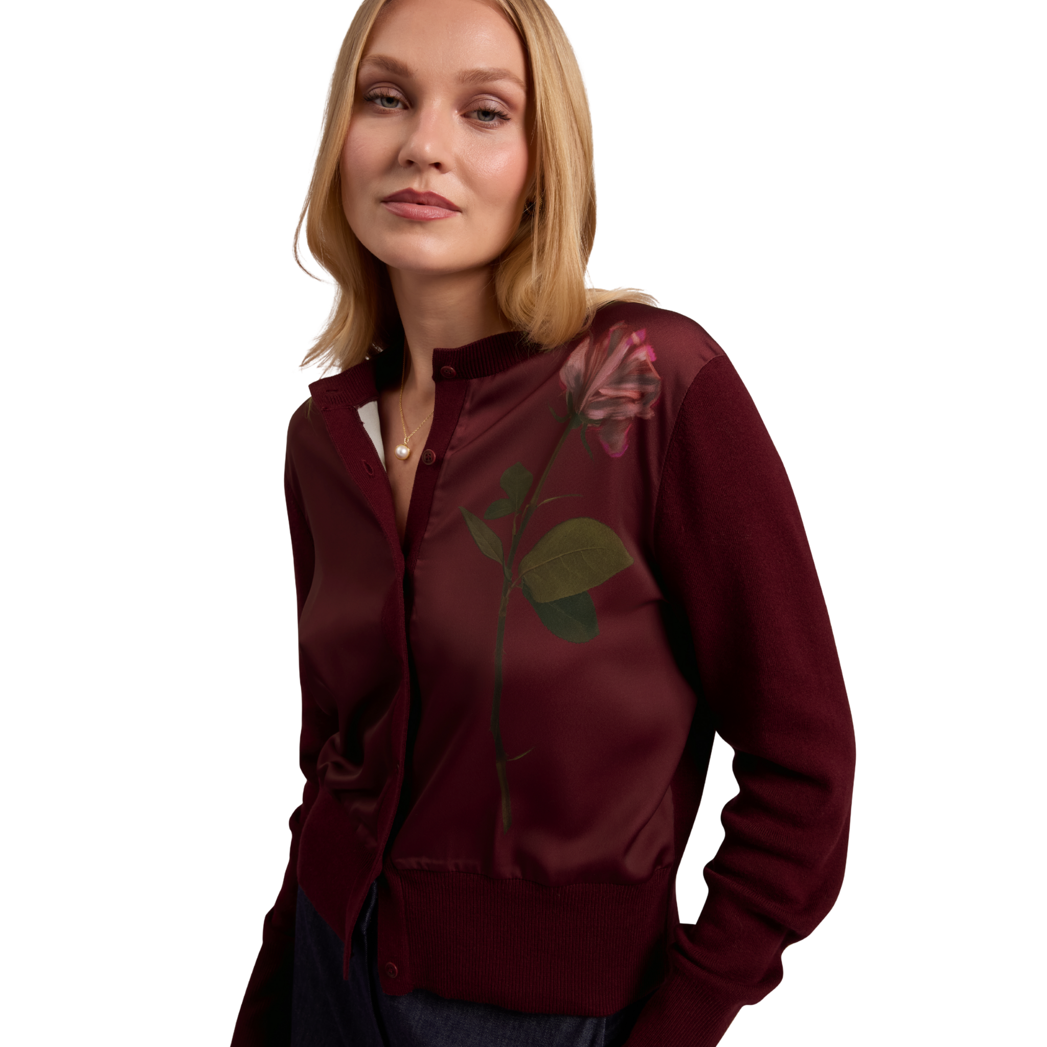 Womens Ted Baker Maroon Nolya Floral Printed Woven Front Cardigan