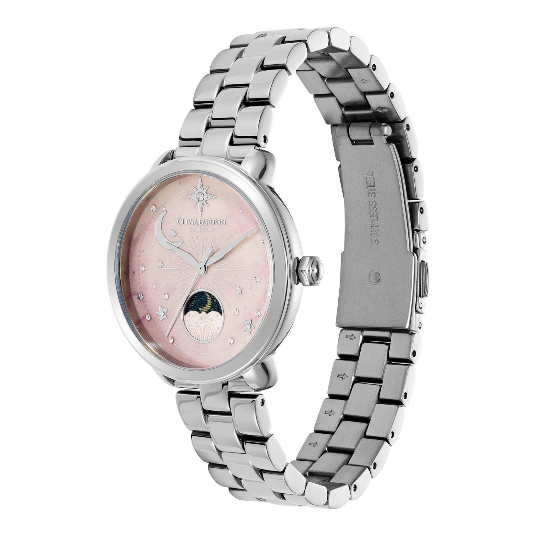 Womens Olivia Burton Silver/Light Pink Moonphase Bracelet Watch
