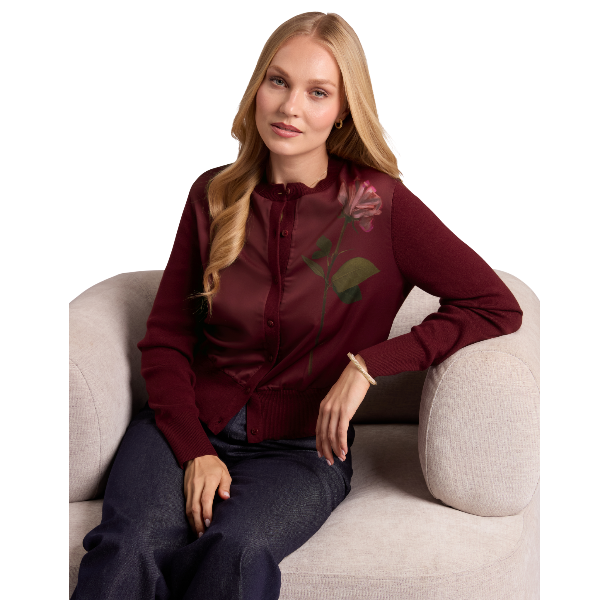 Womens Ted Baker Maroon Nolya Floral Printed Woven Front Cardigan