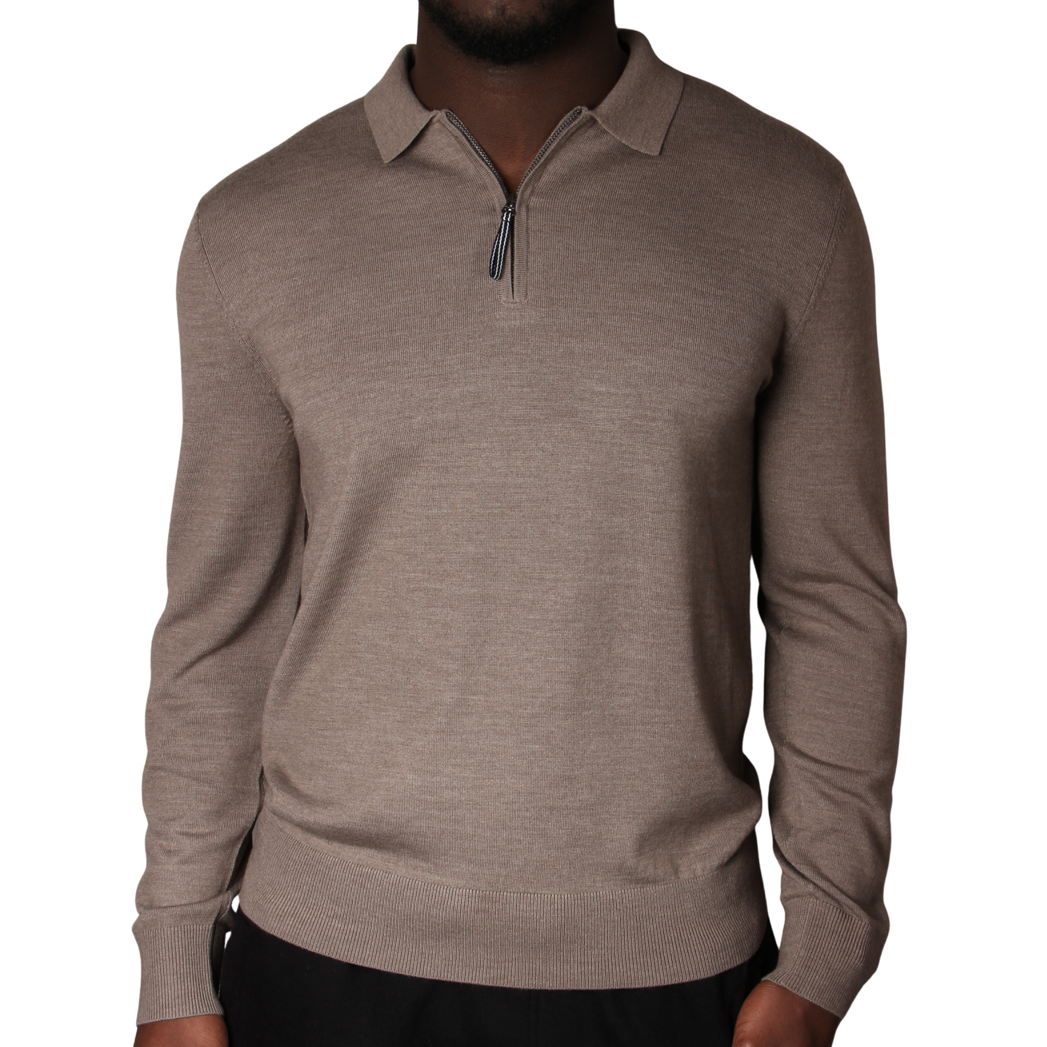 Mens Mercery Oatmeal Beddington Merino Zip L/s Polo