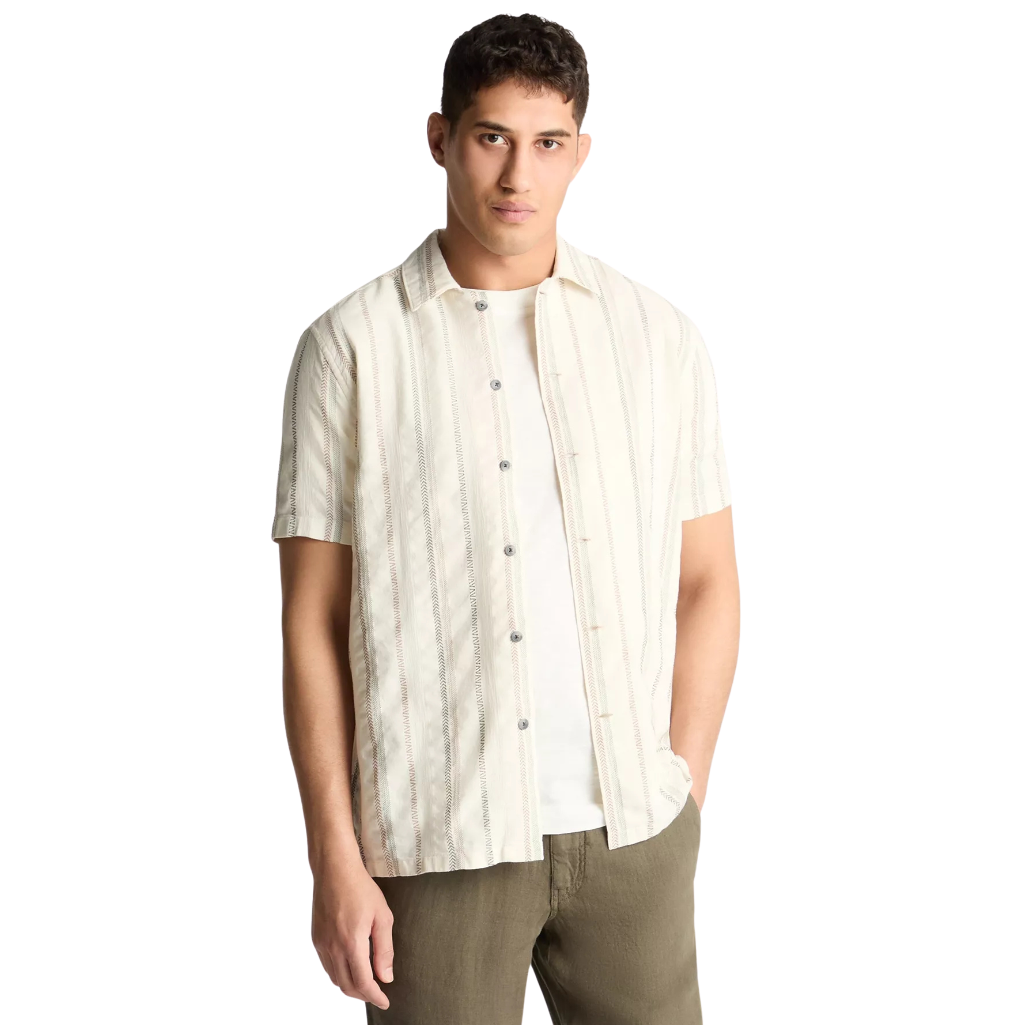 Mens Remus Uomo Stone Woven Stripe Tapered Fit S/s Shirt