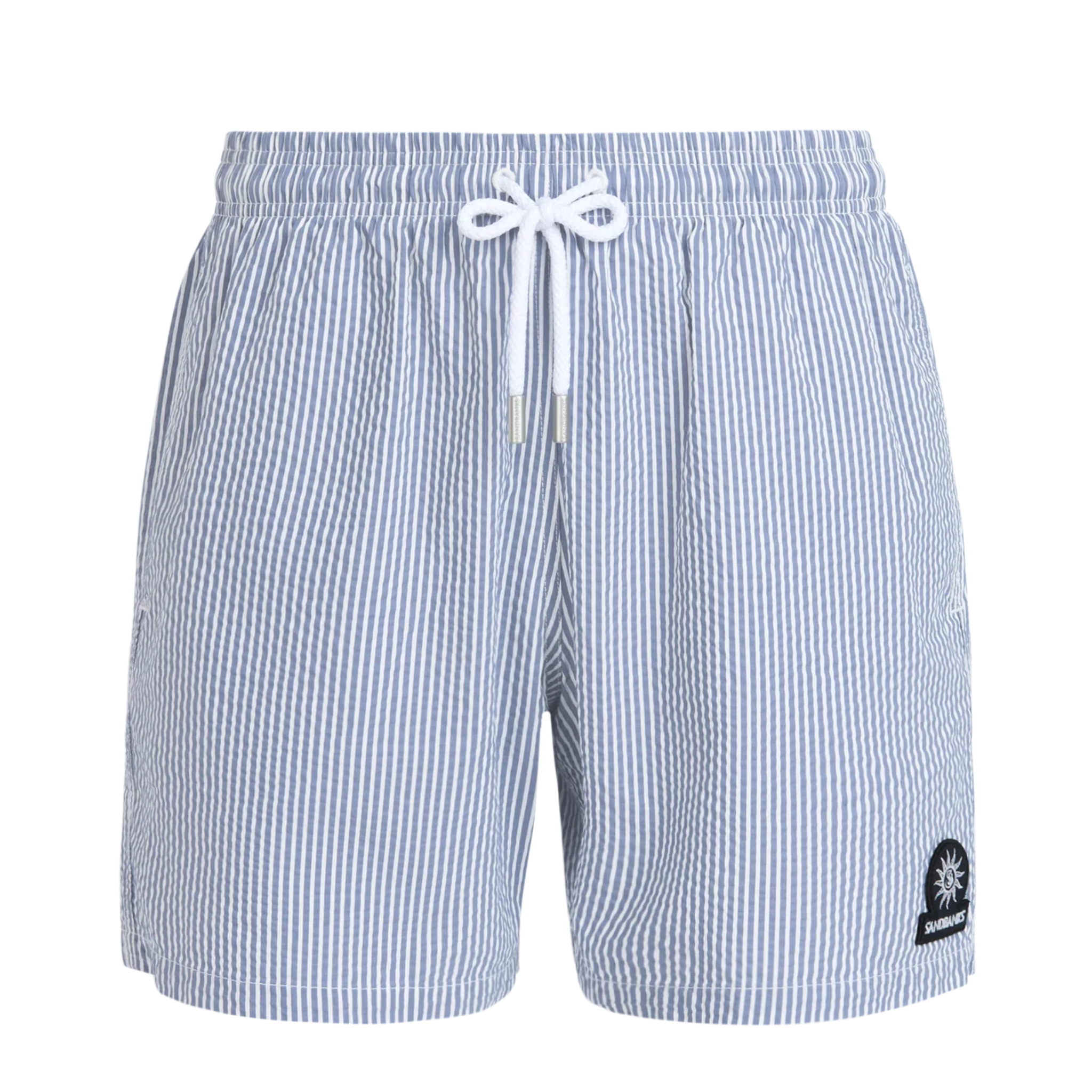 Mens Sandbanks Navy/White Striped Seersucker Swim Shorts