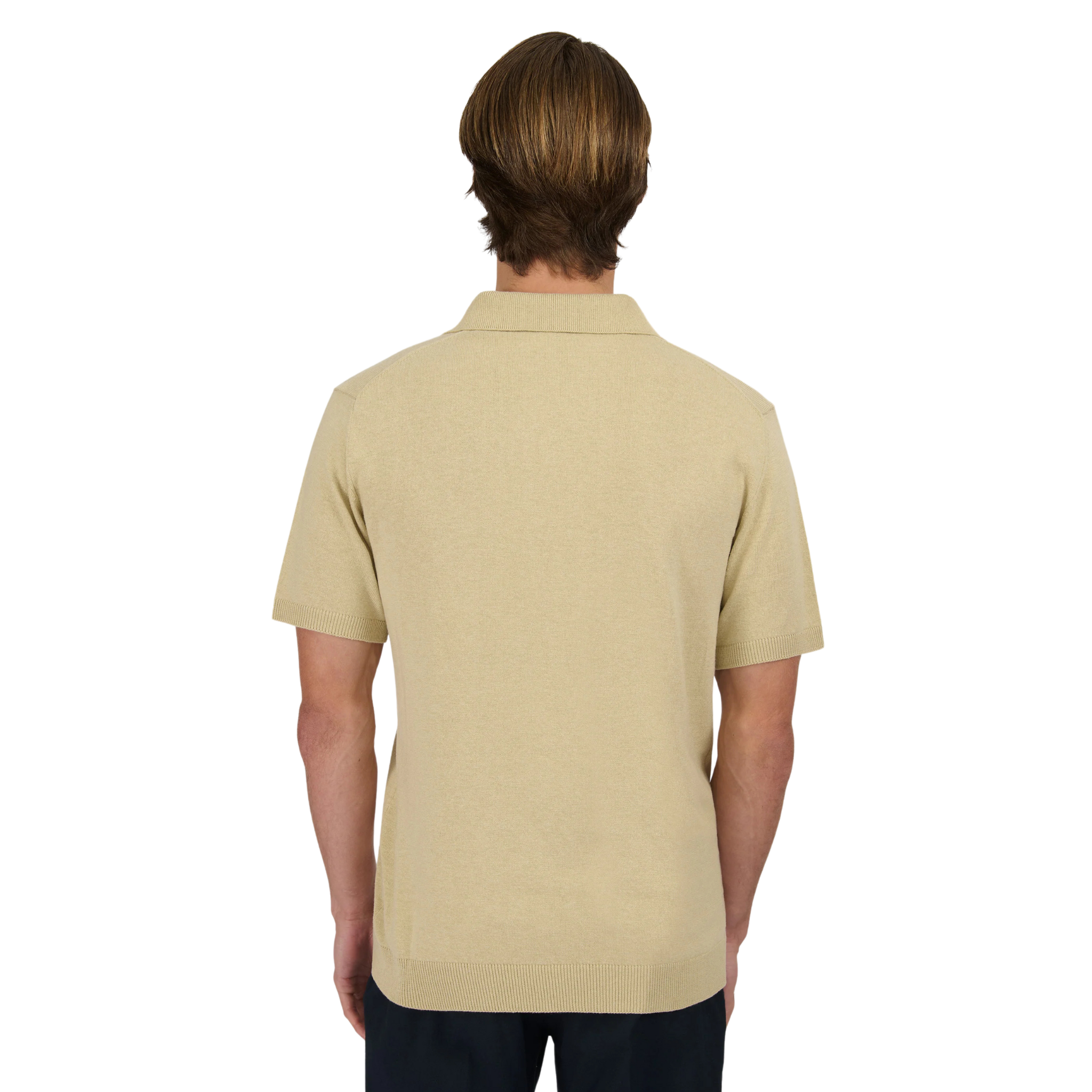 Mens Sandbanks Stone Knitted Revere Open Collar S/s Polo