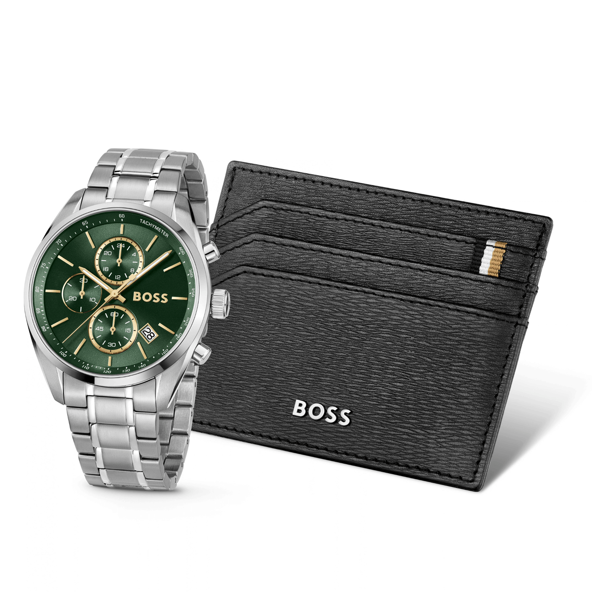 Mens BOSS Silver/Green Grand Prix Watch & Cardholder Set