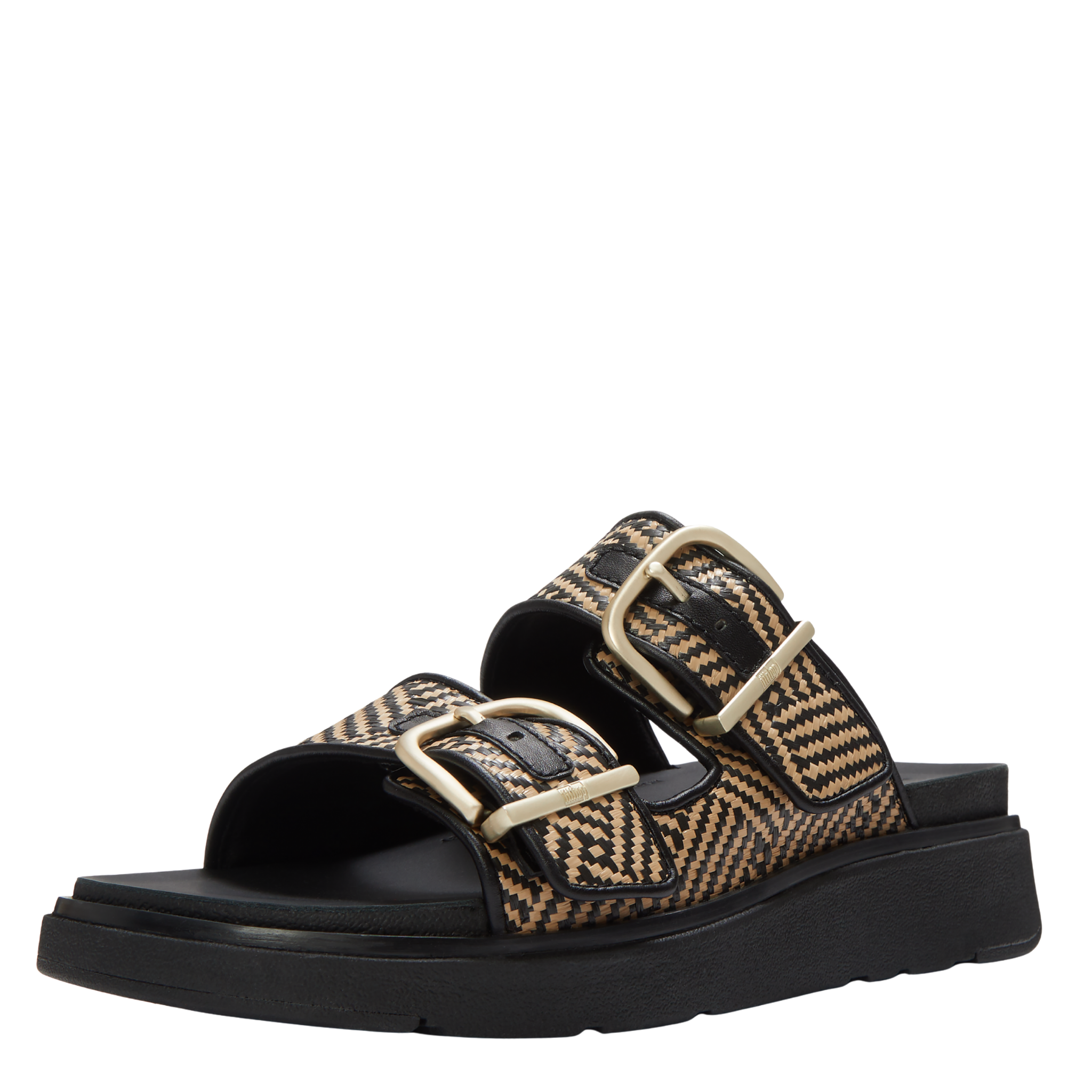 Womens FitFlop Black Graphic-Weave Gen-FF Buckle Slide Sandals