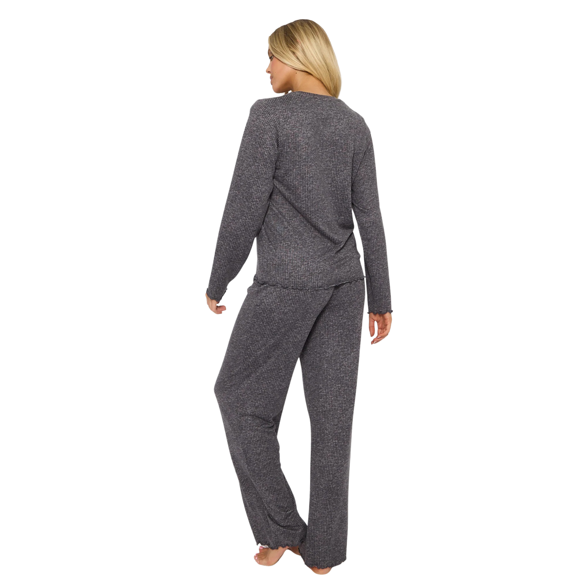 Womens Grey Marl Brushed Rib L/s Pyjama Set