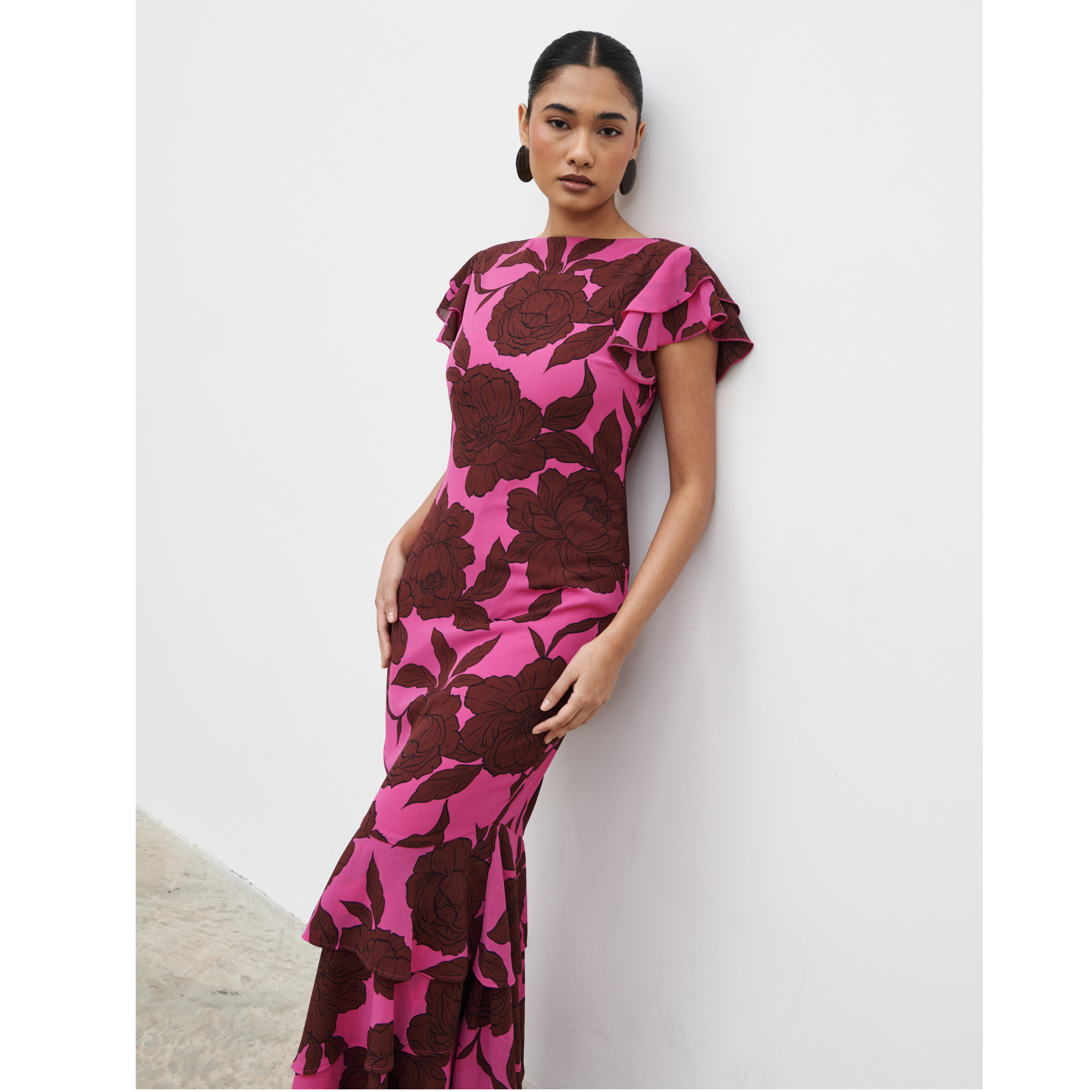 Womens Pretty Lavish Brown/Fuchsia Floral Ester Ruffle Maxi Dress