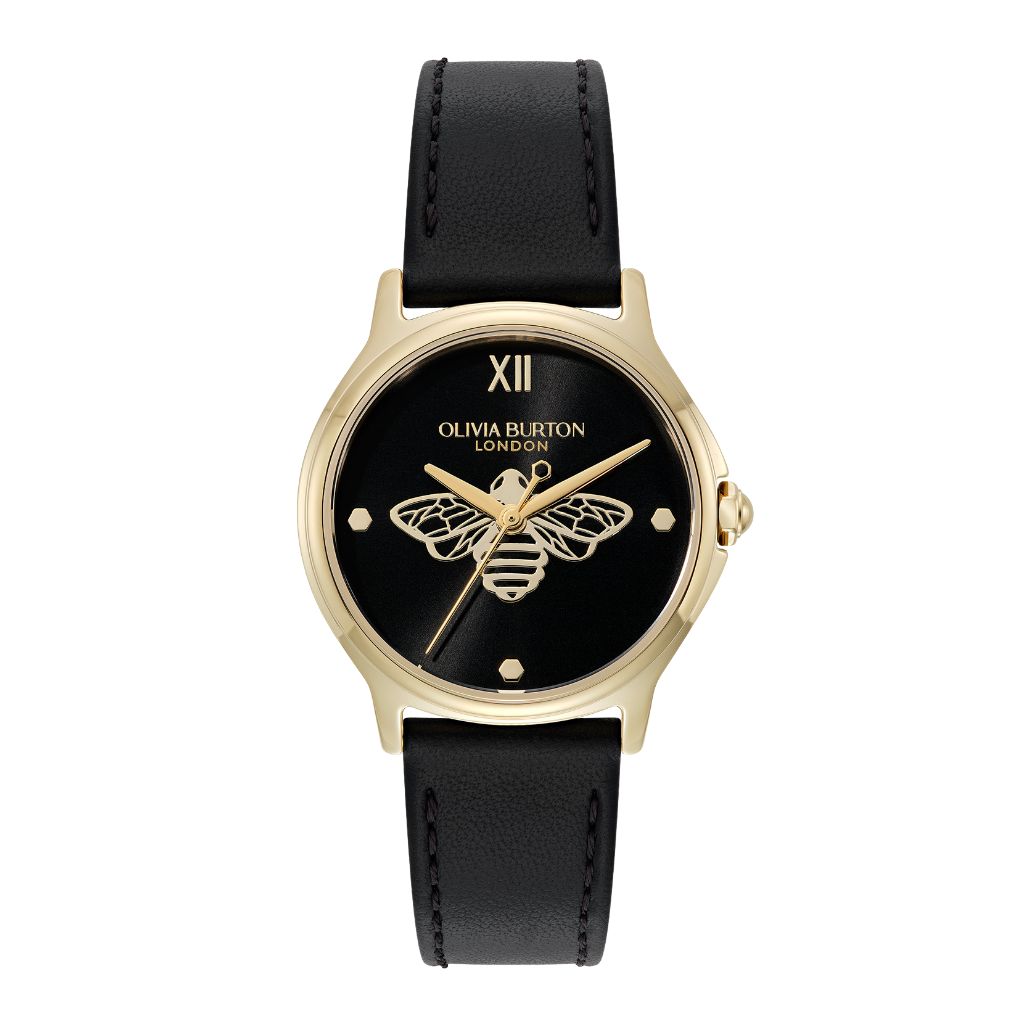 Womens Olivia Burton Gold/Black Classic Bee Leather Strap Watch