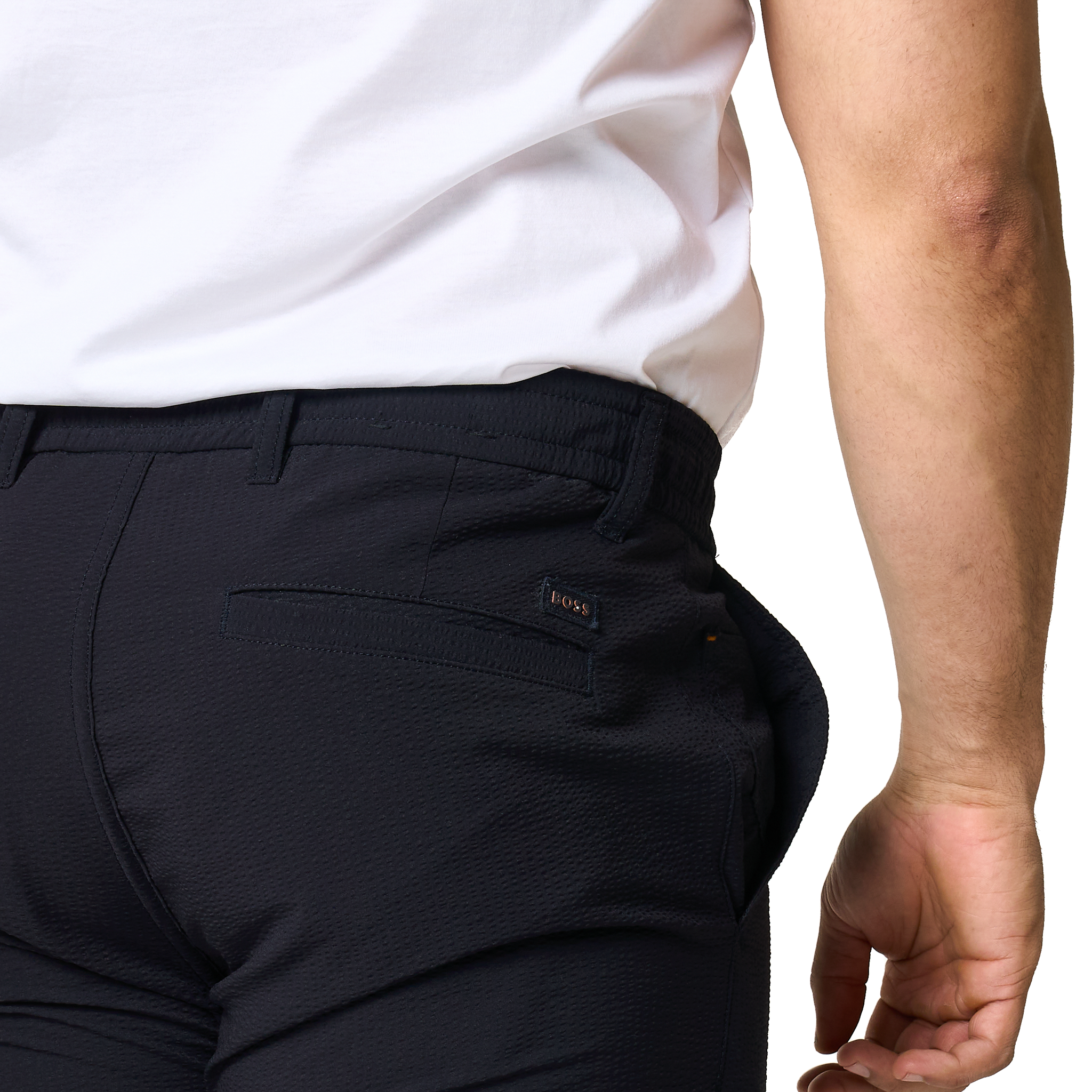 Mens BOSS Dark Blue Chino-tapered-DS-1 Texture Trousers