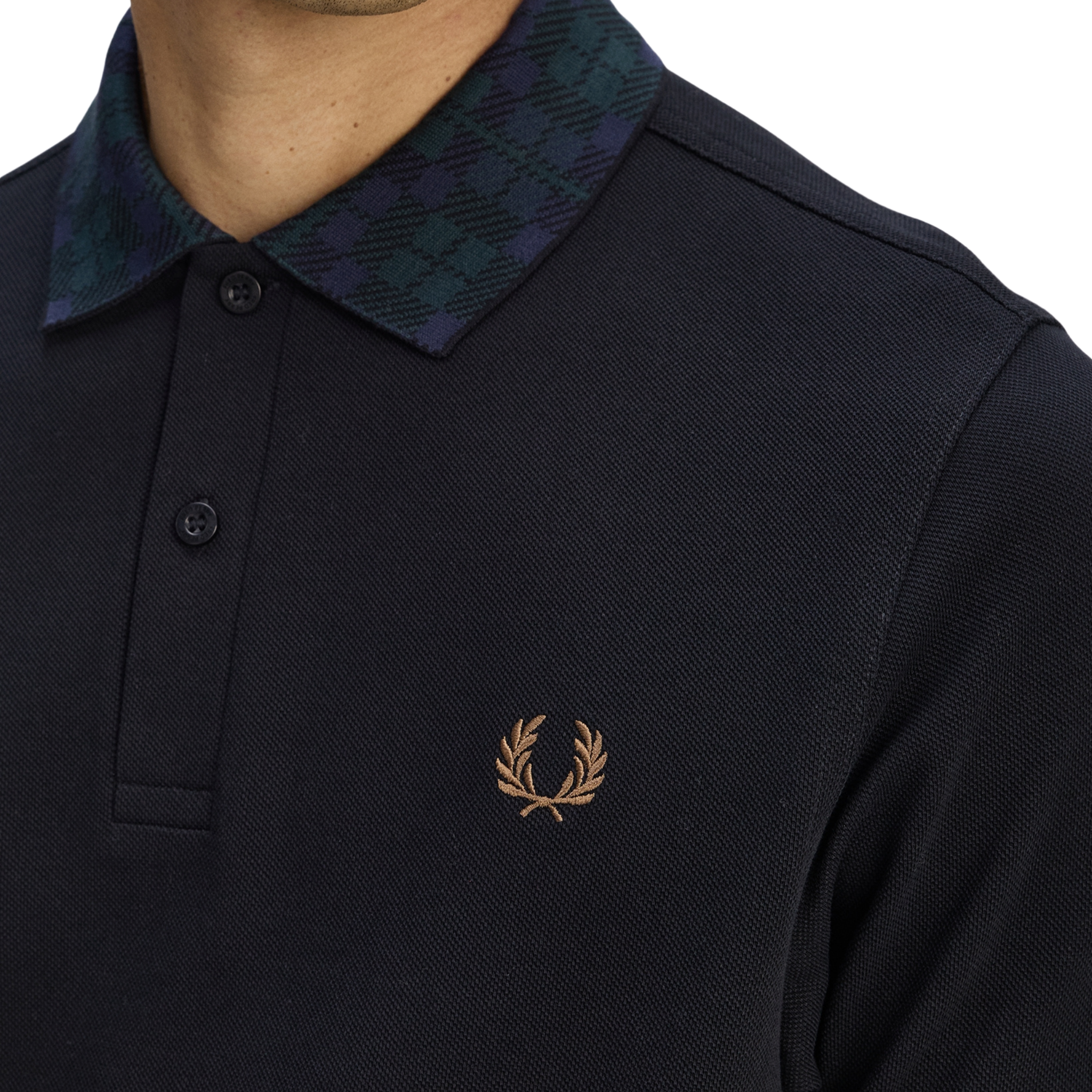 Mens Fred Perry Black Blackwatch Tartan Collar S/s Polo