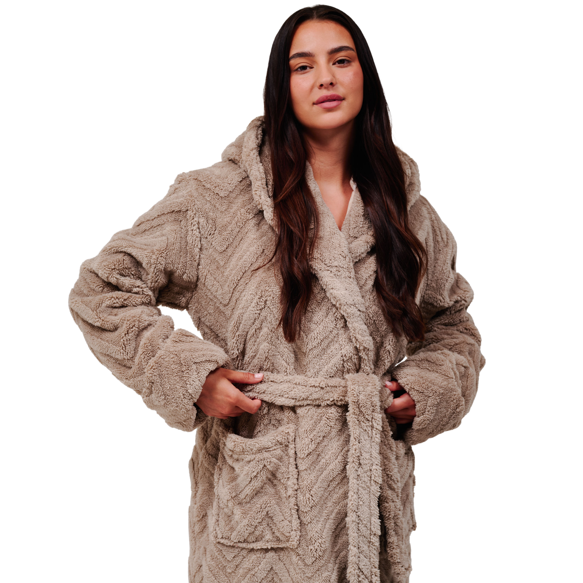 Womens Taupe Chevron Luxury Plush Midi Hooded Dressing Gown