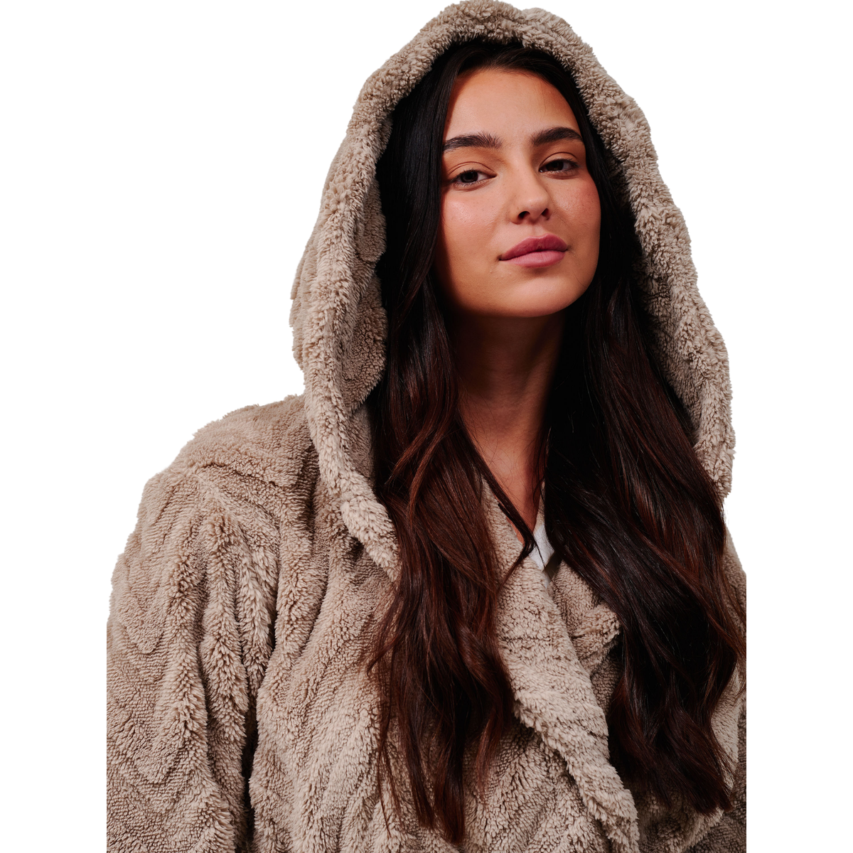 Womens Taupe Chevron Luxury Plush Midi Hooded Dressing Gown