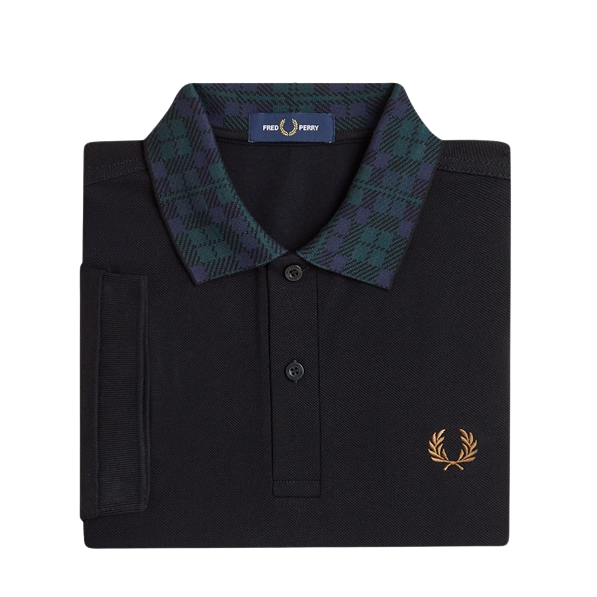 Mens Fred Perry Black Blackwatch Tartan Collar S/s Polo