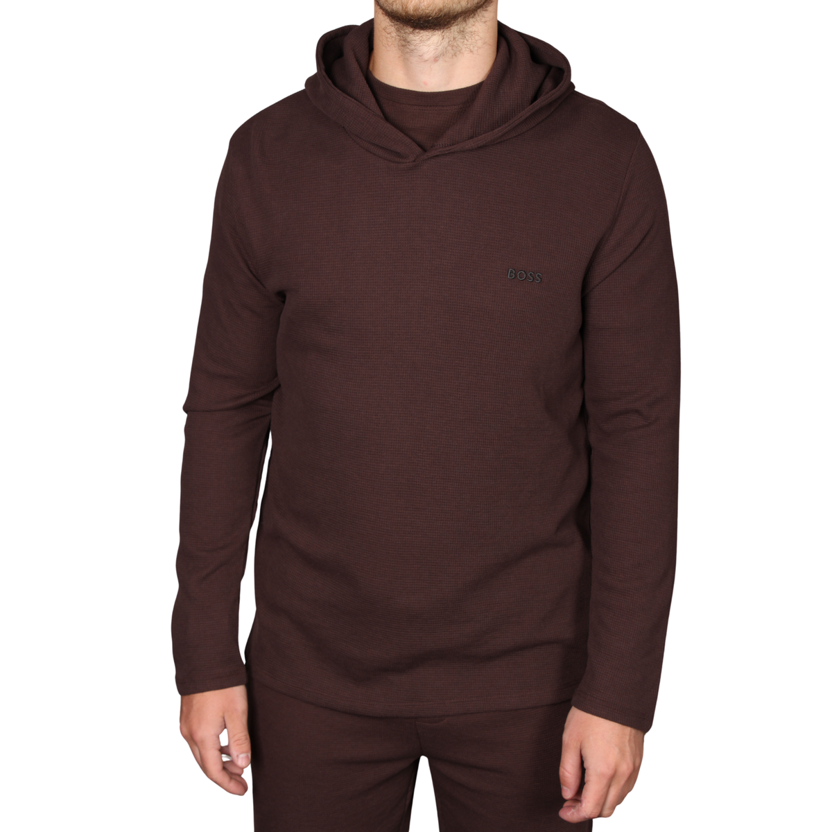 Mens BOSS Dark Brown Waffle Hooded L/s T Shirt