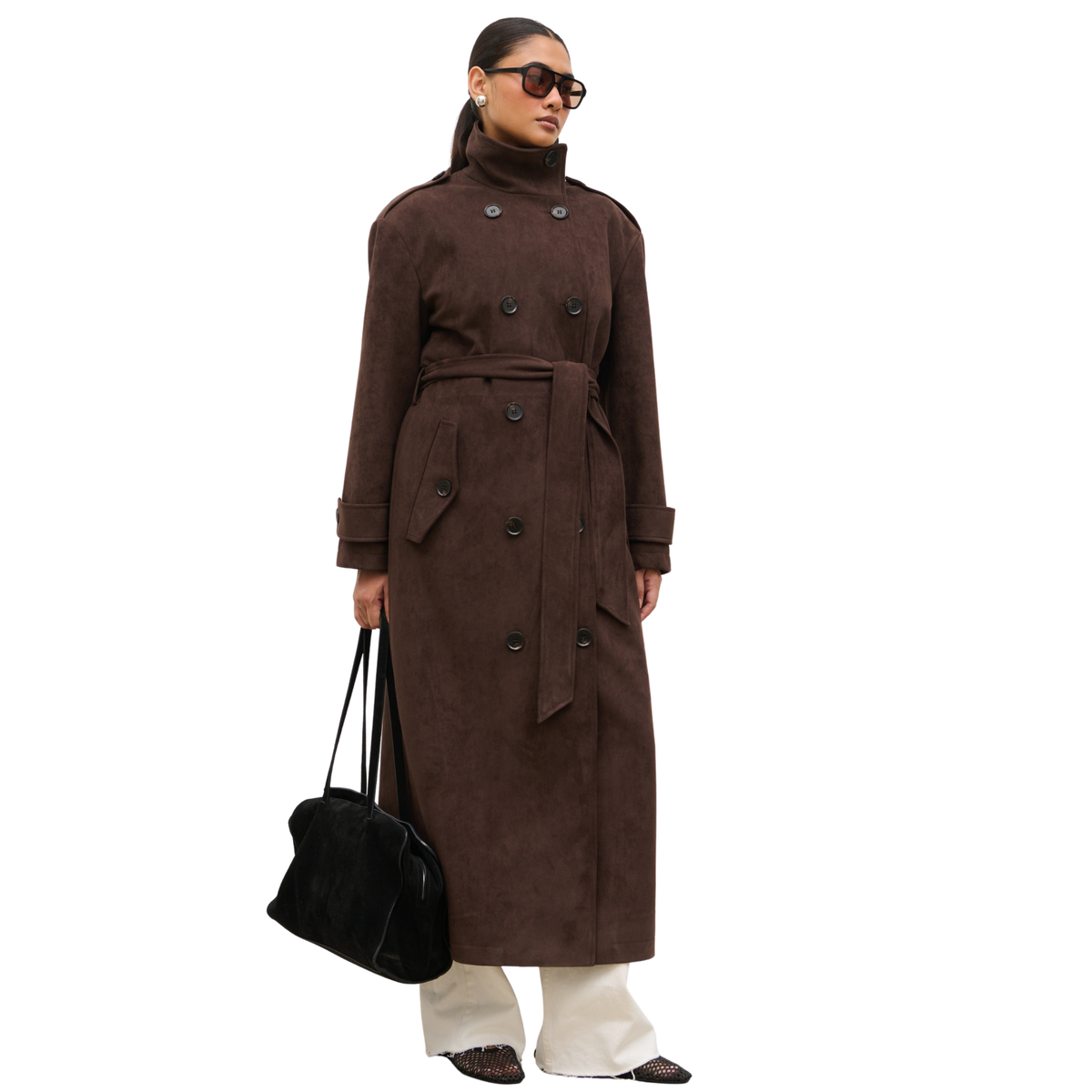 Womens Pretty Lavish Chocolate Leah Faux Suede Trench Coat