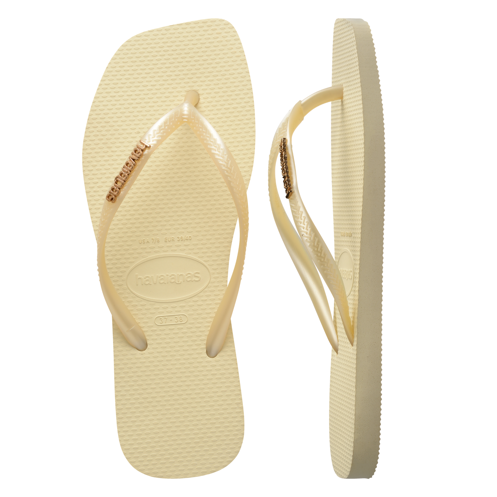 Womens Havaianas Buttercream Slim Square Logo Metallic Flip Flops