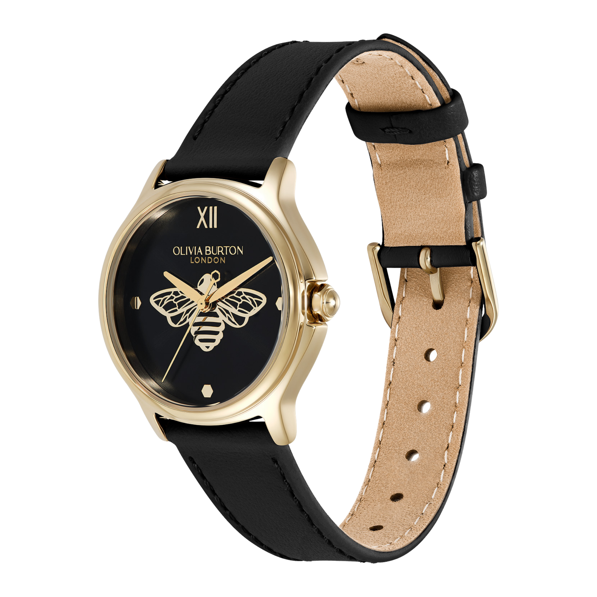 Womens Olivia Burton Gold/Black Classic Bee Leather Strap Watch