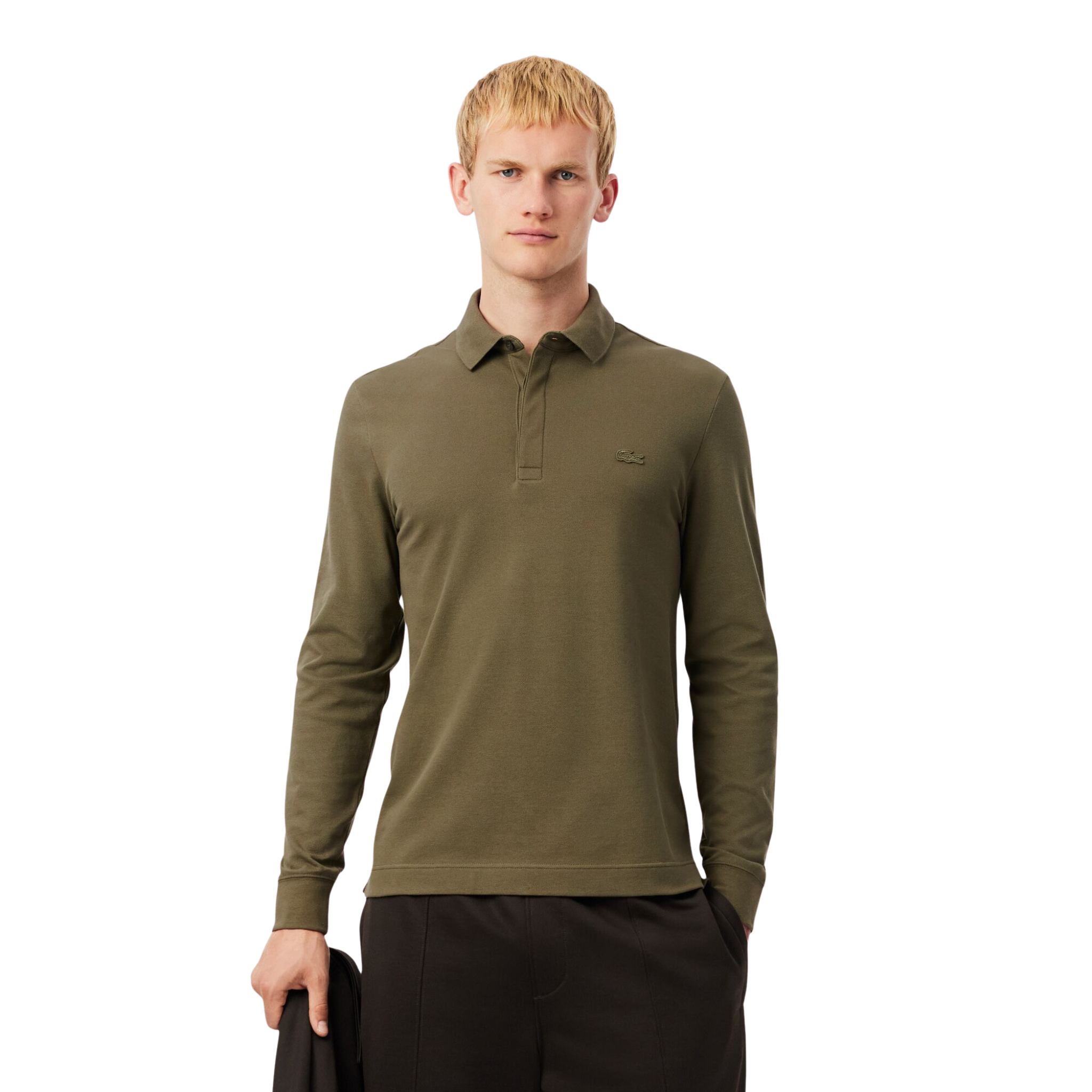 Mens Lacoste Khaki Green Paris Stretch Reg Fit L/s Polo Shirt
