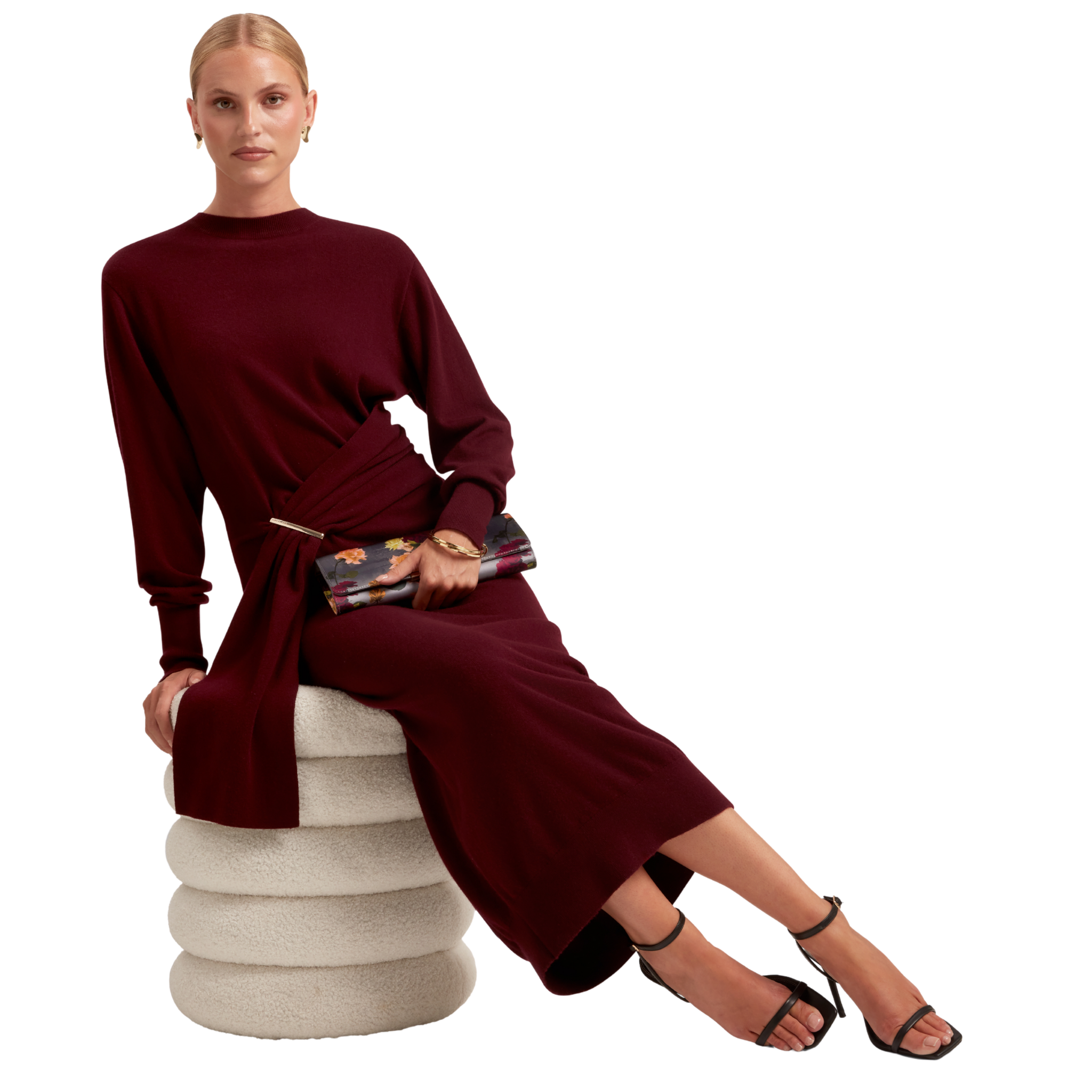 Womens Ted Baker Maroon Verikka Drape Detail Midi Jumper Dress